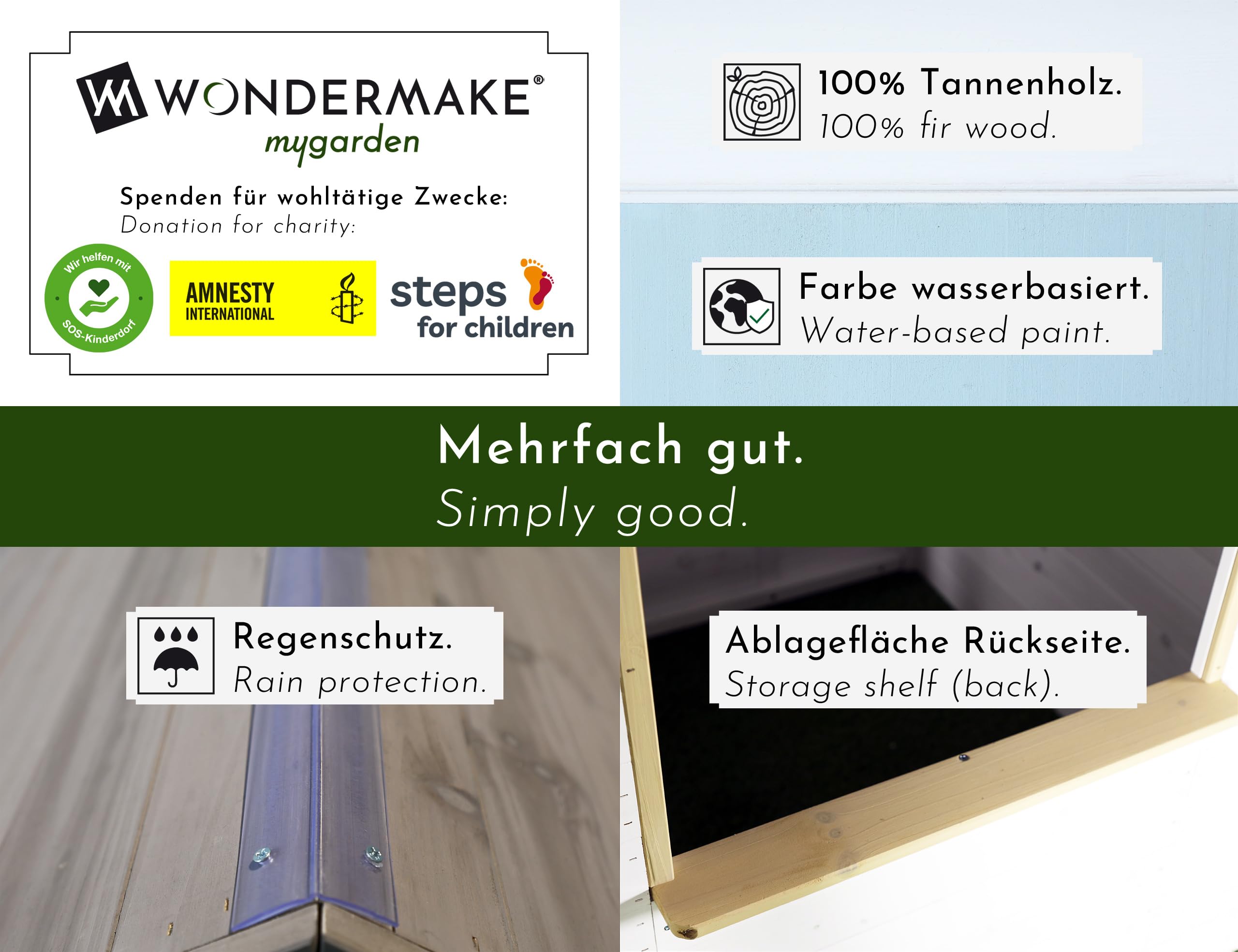 Design Kinder Spielhaus Holz mit 2 Pflanzkästen und magn. Tür + Fenster, Kinderspielhaus ab 3 Jahre Garten Outdoor draußen wetterfest klein hoch, Gartenhaus 115x101x130 cm, weiß grau bunt