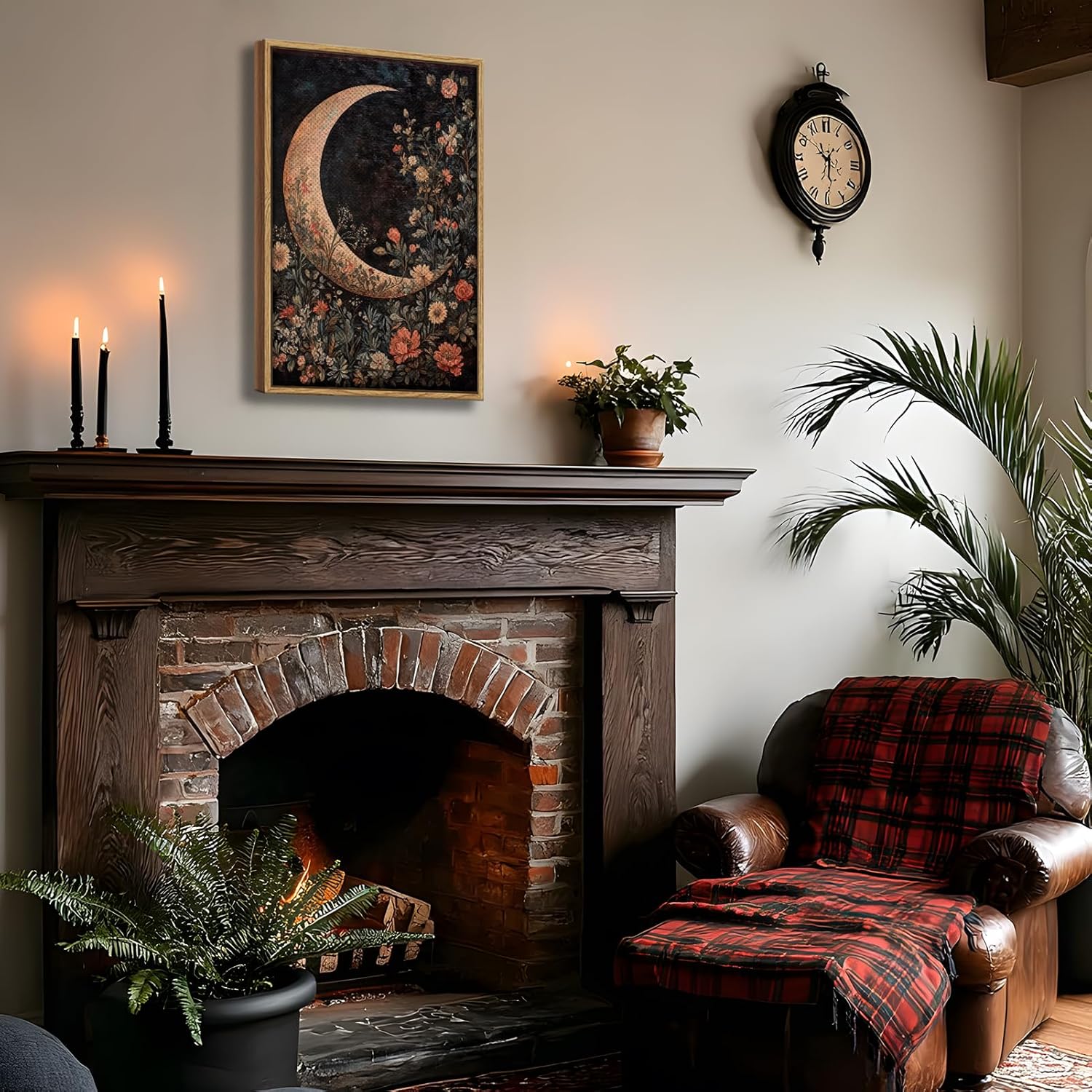 Framed Vintage Floral and Moon Wall Art Dark Academia Botanical Flower Picture Wall Decor Gothic Mystical Celestial Painting Canvas Prints Moody Crescent CottageCore Artwork for Living Room Bedroom