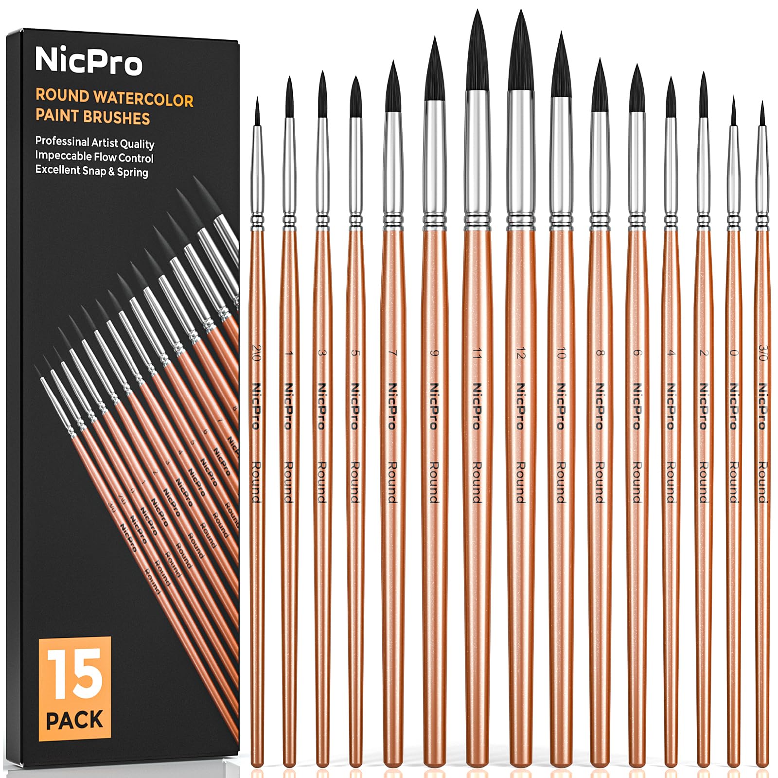 Nicpro 15pcs Watercolor Paint Brushes, Round Pointed Tip Artist Paint Brush Set, Soft Synthetic Squirrel Paintbrushes Detail Paint Brushes for Watercolor, Acrylics, Ink, Gouache, Oil, Tempera