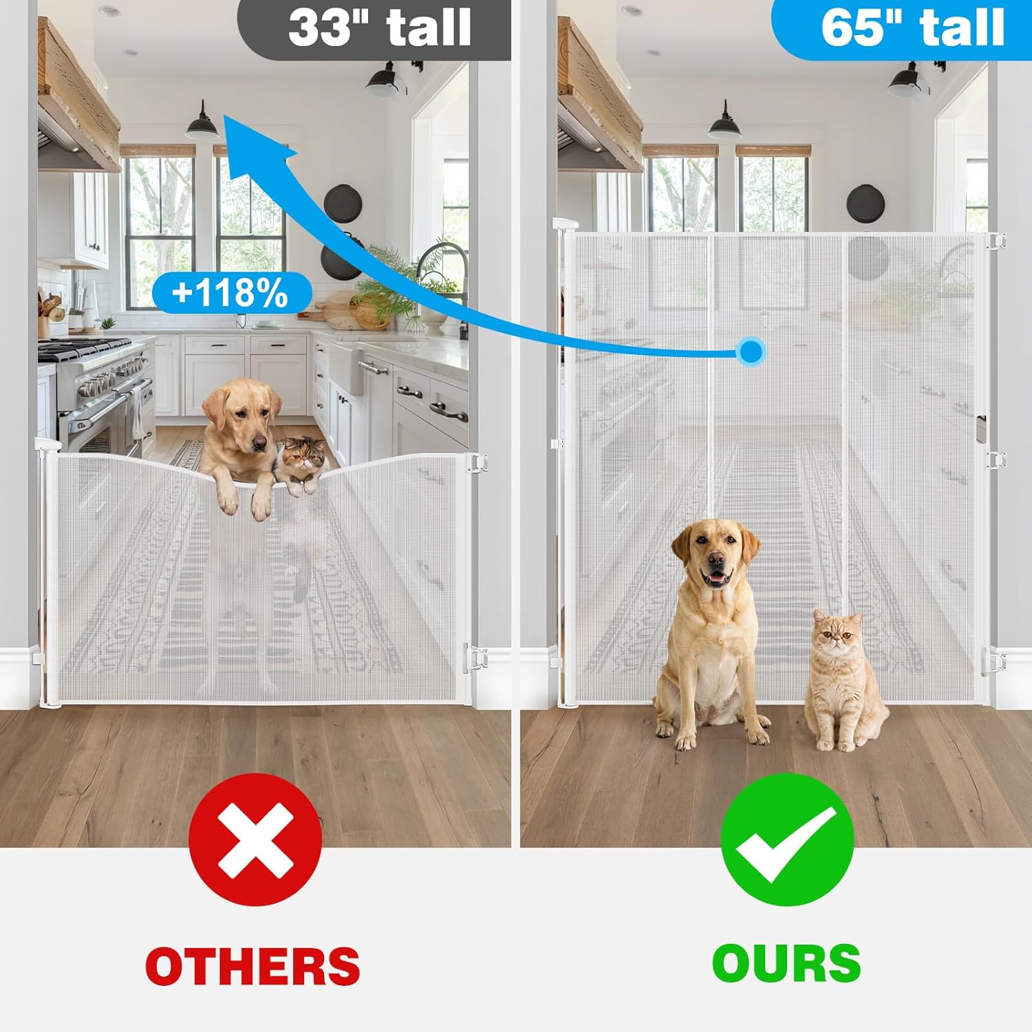 Reinforced 65" Extra Tall Baby Gate for Doorway, Jump-Resistant & Prevent Crawling Underneath Retractable Dog Gates Extra Tall, 0-55" W Retractable Pet Gate for Pet, Dogs, Cats, Puppies, Babies, White