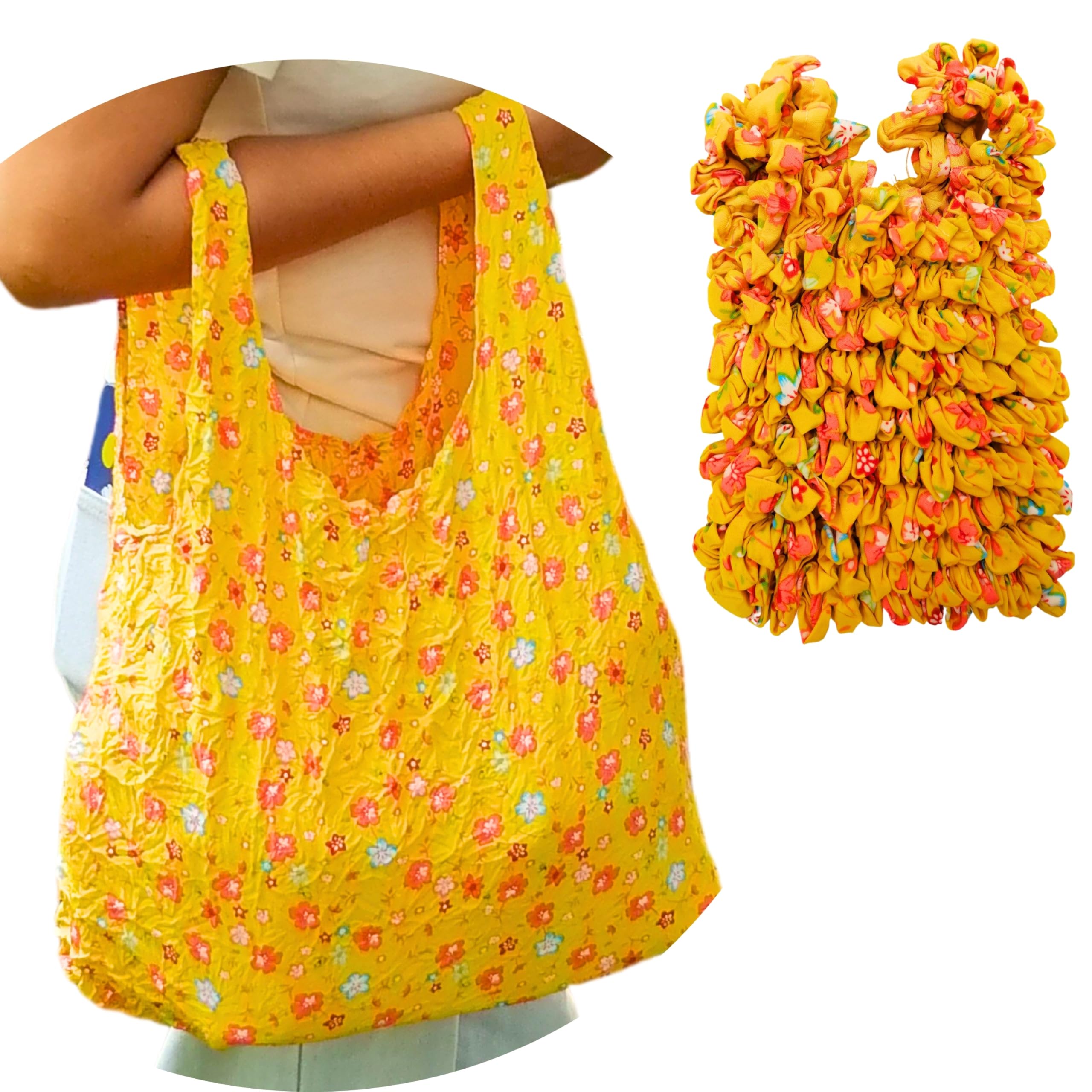 Expandable Shopping Bag, Reusable Grocery Bags Flowers, Floral Shopping Bags, Stretchy Foldable Fabric Bag, Shrink Totes