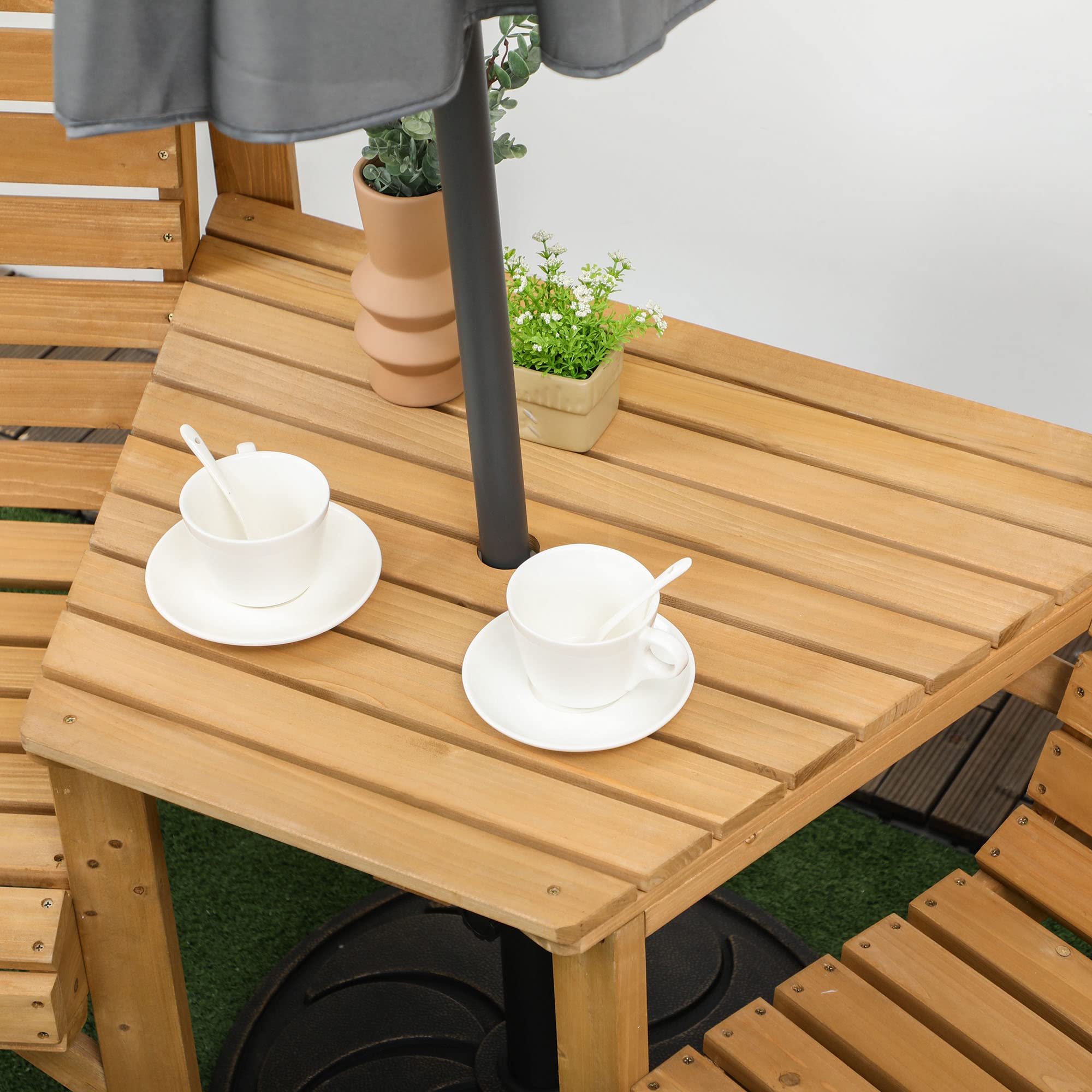 Outsunny Bistro-Set 3-teilig aus Holz Wetterfest Gartenmöbel Set mit Lamellendesign Sonnenschirmloch Gartenstühlen Outdoor Balkonmöbel Set Sitzgruppe Balkonset Gartengarnitur Braun