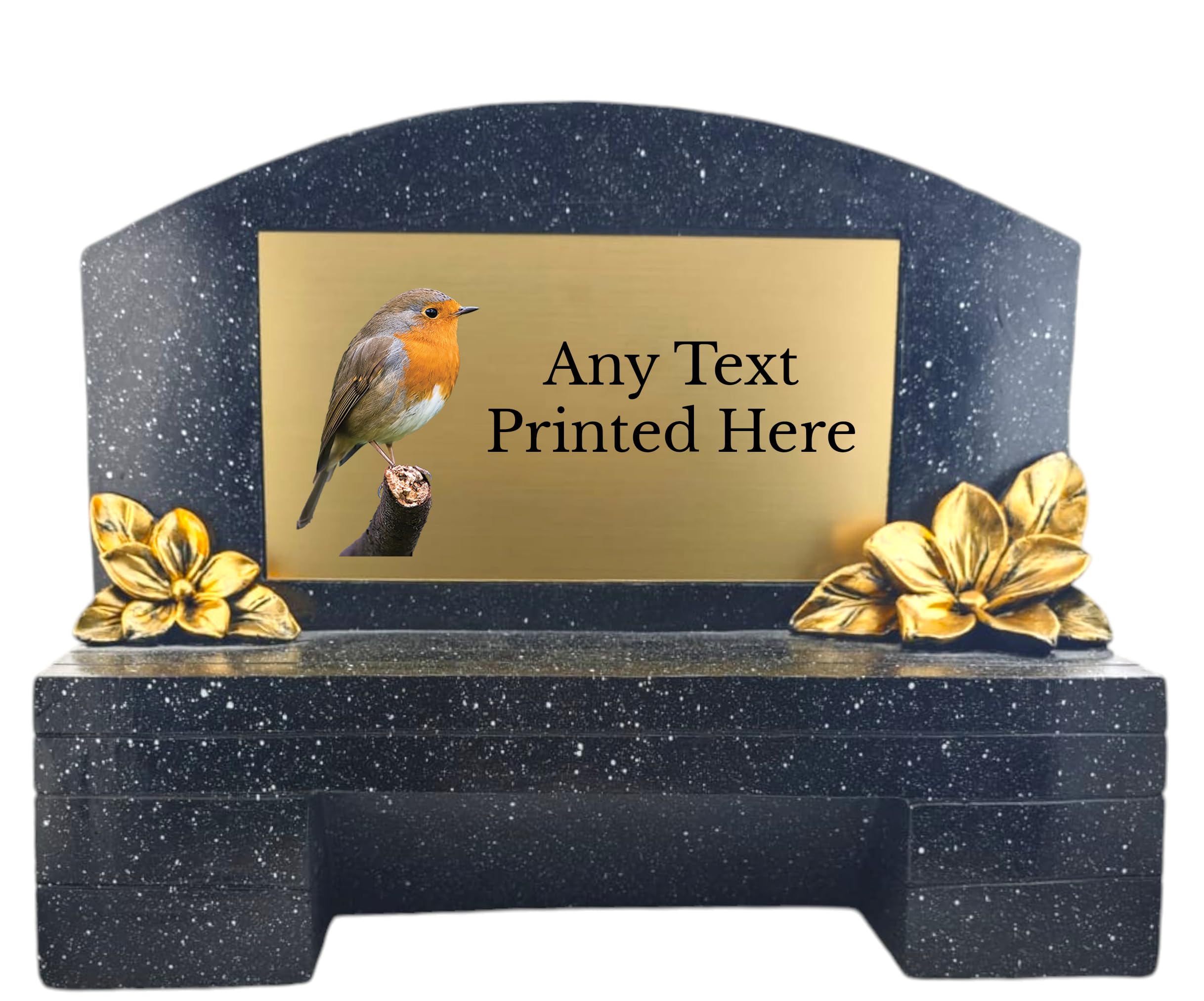 1stclassgifts Personalised Printed Black Large Memorial Bench With Plaque Grave Marker Selection Of Designs Available Robin Kingfisher Owl Rainbow Crossl (UV PRINTED) (Gold Plate Black Text, Robin)