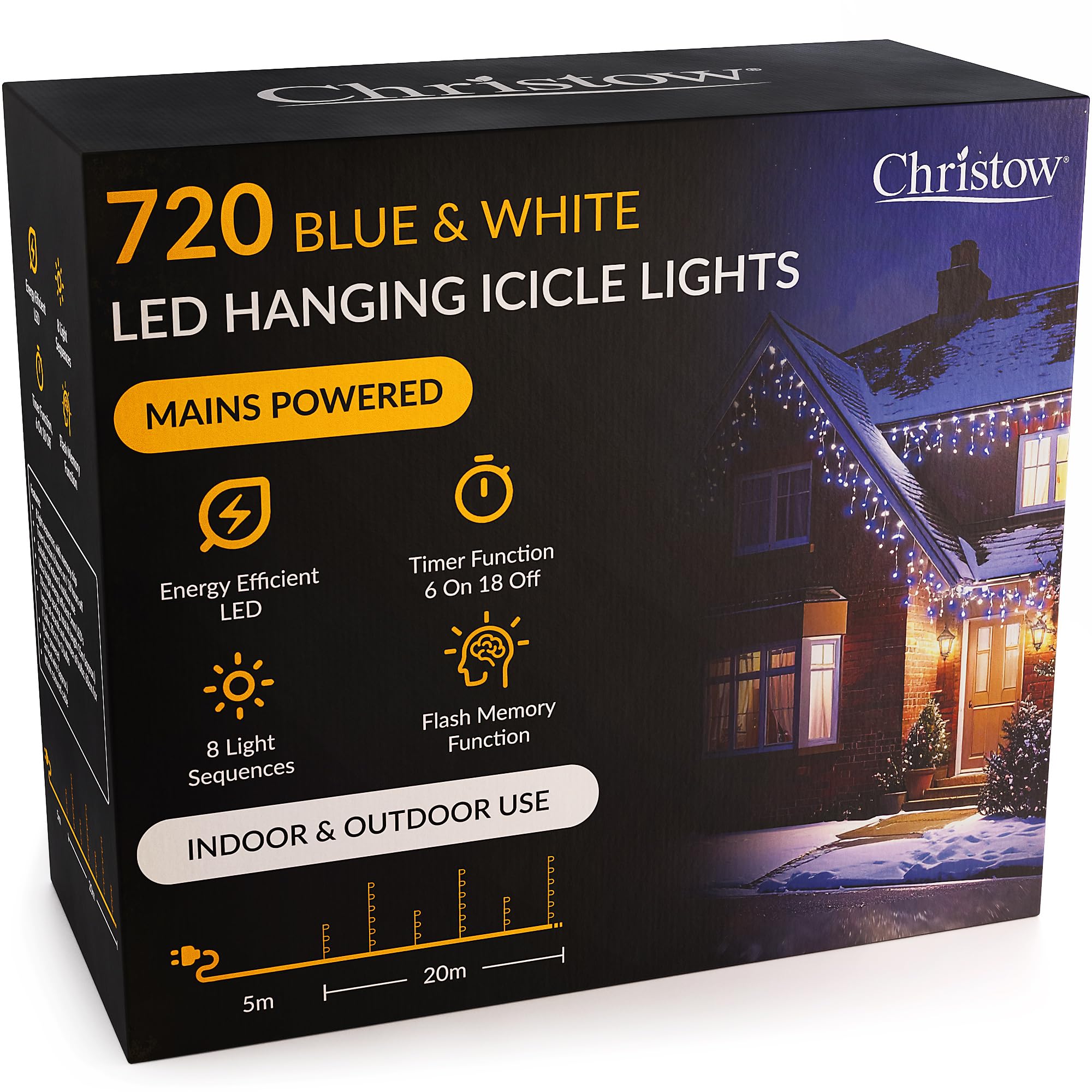 Christow Blue & White Hanging Icicle Christmas Lights, 720 Led, 20M Lit Length, Indoor & Outdoor, Mains Powered With Timer, 8 Flash Lighting Modes With Memory, Fairy String Light Xmas Decorations