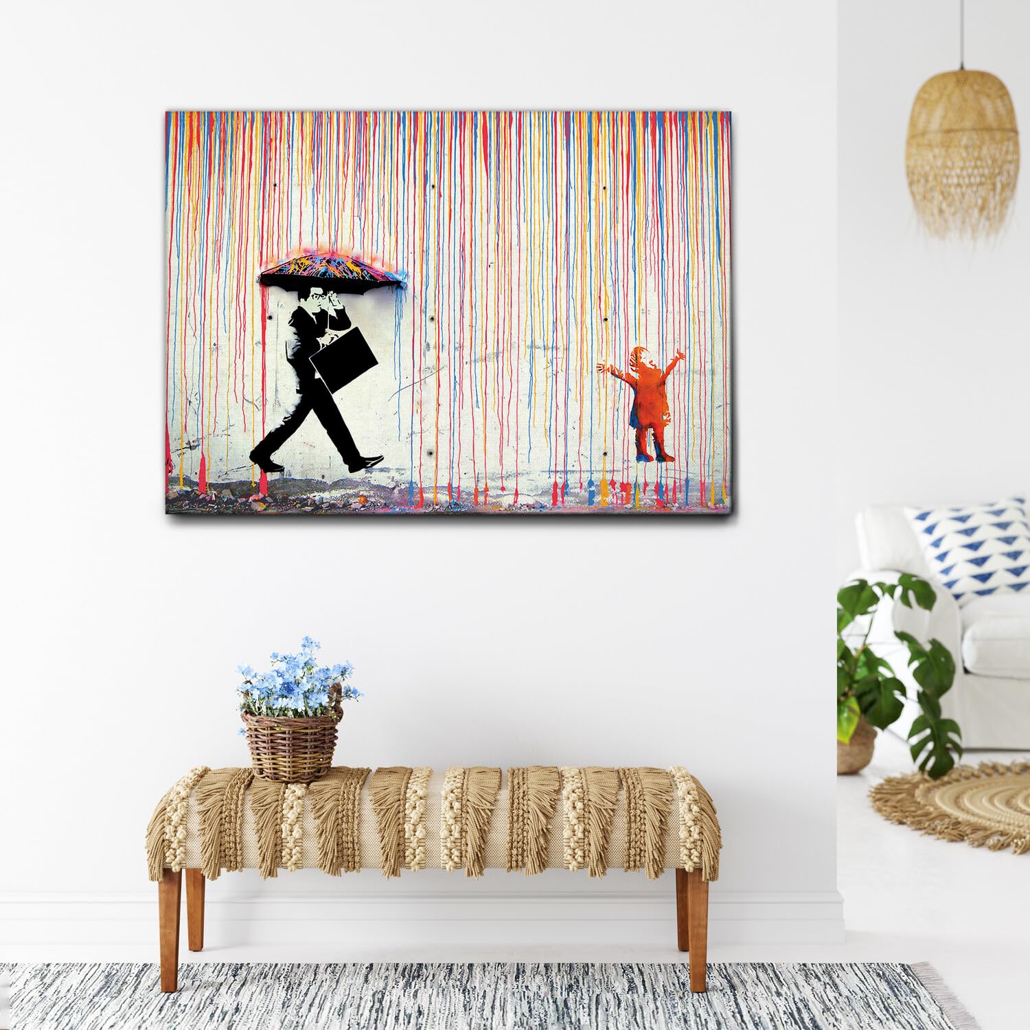 Giallobus - Obraz - Banksy - Deszcz kolorów - Standaard frame canvas - 140L x 100l cm - Gotowe do powieszenia - Nowoczesne obrazy do domu
