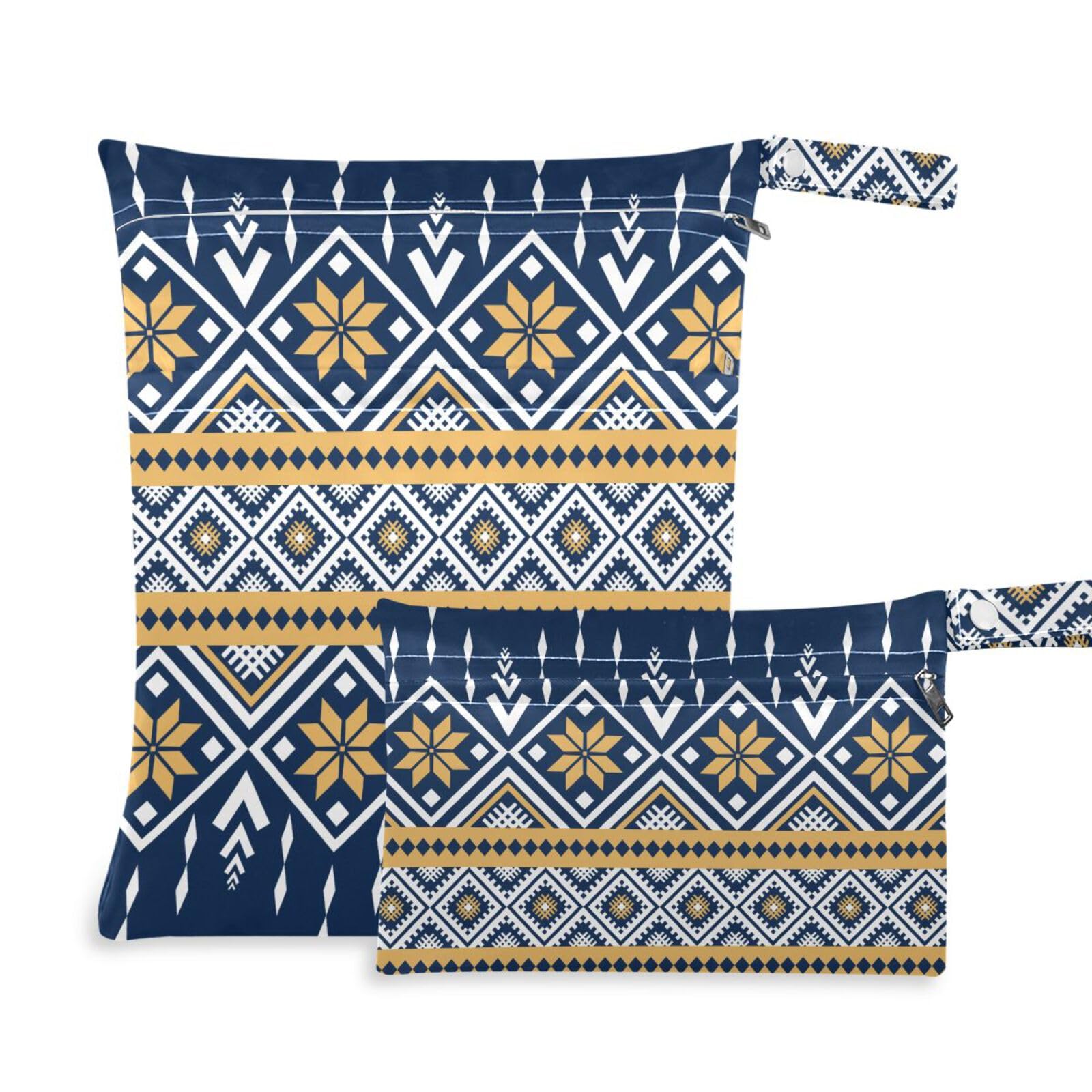 susiyo 2 Pcs Wet Dry Bag Navy Blue Geometric Ethnic Waterproof Reusable Baby Cloth Diaper Wet Bags with 2 Zipper Pockets for Breast Pump Parts Travel Beach Pool Gym Yoga Swimsuits Wet Clothes