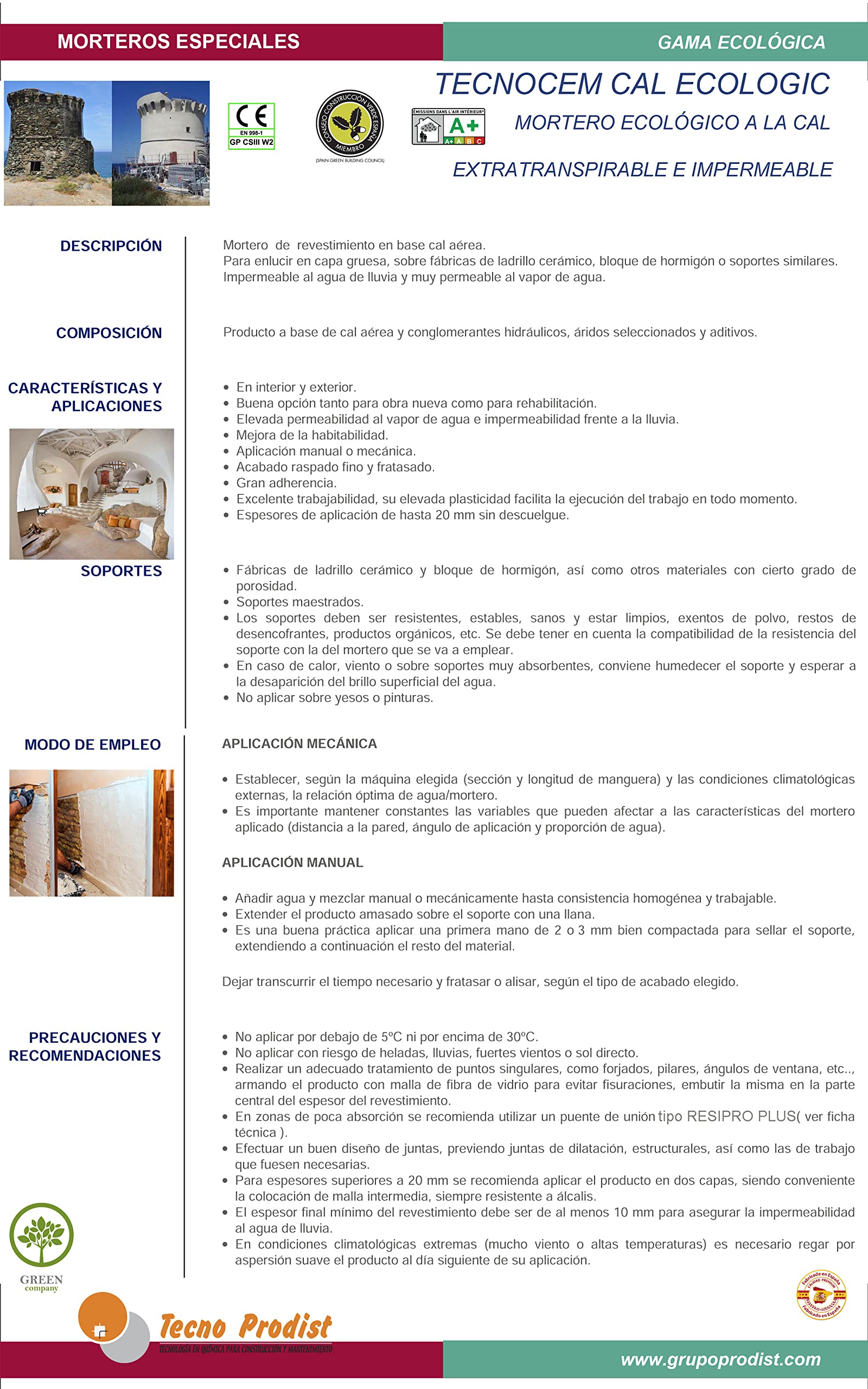 TECNOCEM CAL ECOLOGIC de Tecno Prodist (SACO 10 Kg) Mortero a la cal ecológico, Extratranspirable, antihumedad, impermeable, para enlucidos y revocos, fácil aplicación, color Blanco