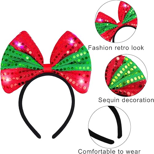 Miniatura 3 de ELCOHO Paquete de 6 diademas LED de Navidad con luz para disfraz de reno, lazo de Navidad, disfraz de elfo, bandas para el pelo para fiestas de