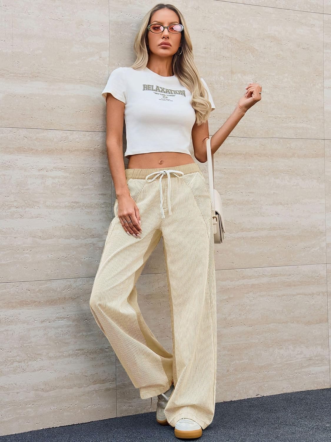 Low Rise Striped Pants for Women Pull On Drawstring Boho Wide Leg Jeans Trendy 2026 - Image 2