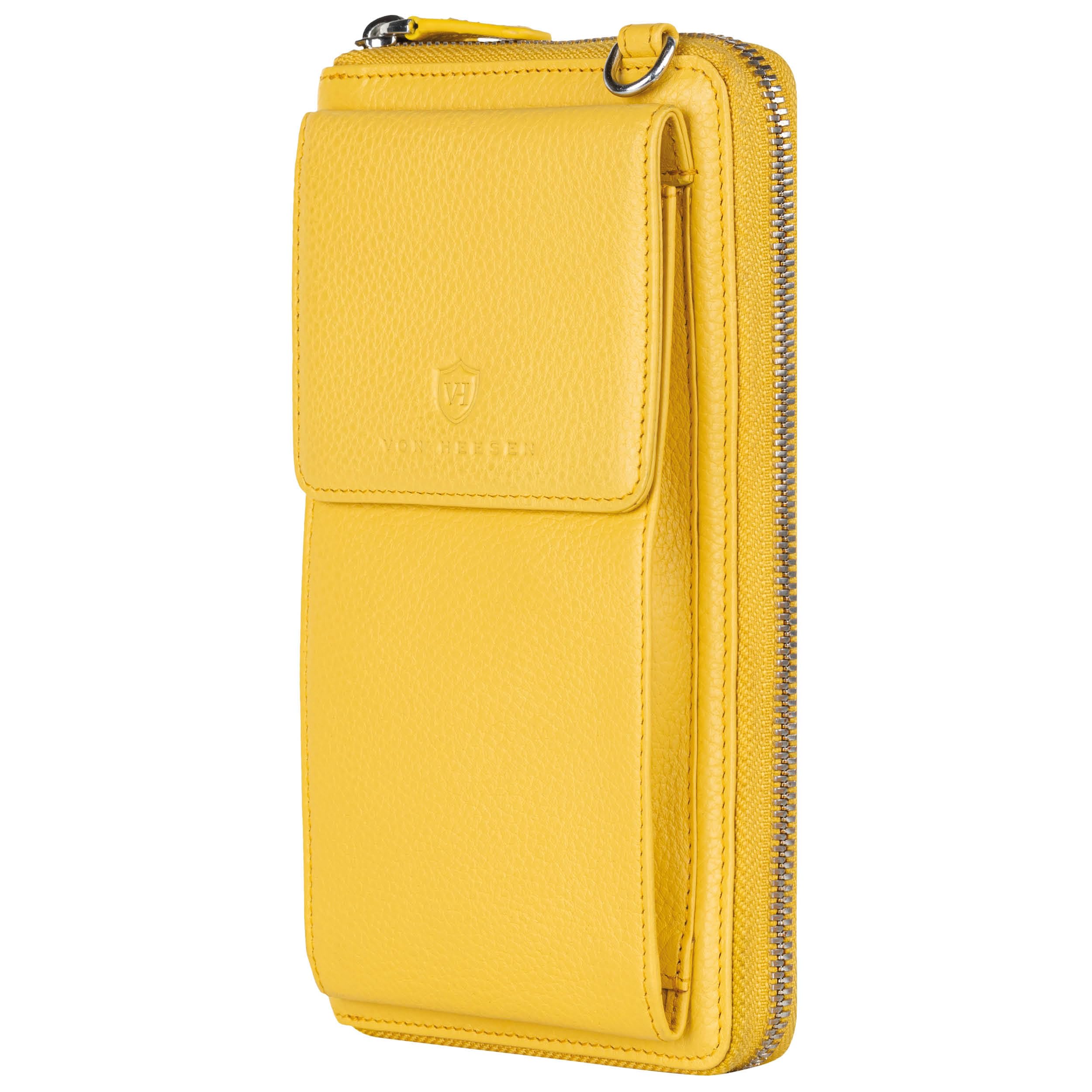 VON HEESEN Leder Handy-Geldbörse mit RFID-Schutz - Handytasche mit Portemonnaie für Damen & Herren aus echtem Leder - Wallet mit Münzfach - Geldbeutel für Frauen und Männer in Gelb