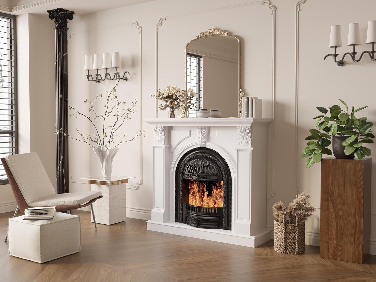 48" Electric Fireplace Tv Stand with Mantel, Entertainment Center with Black Birdcage Fire Place Heater & Carved Square Column Design for Living Room, Bedroom