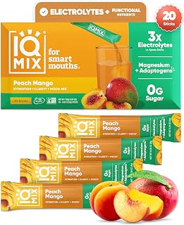 IQMIX Hydration Electrolytes Powder Packets, Peach Mango 20-Count | Sugar Free Drink Mix Sticks | Magnesium L Threonate, Potassium, Sodium, Lion's Mane, Keto, Clean Label Project Certified