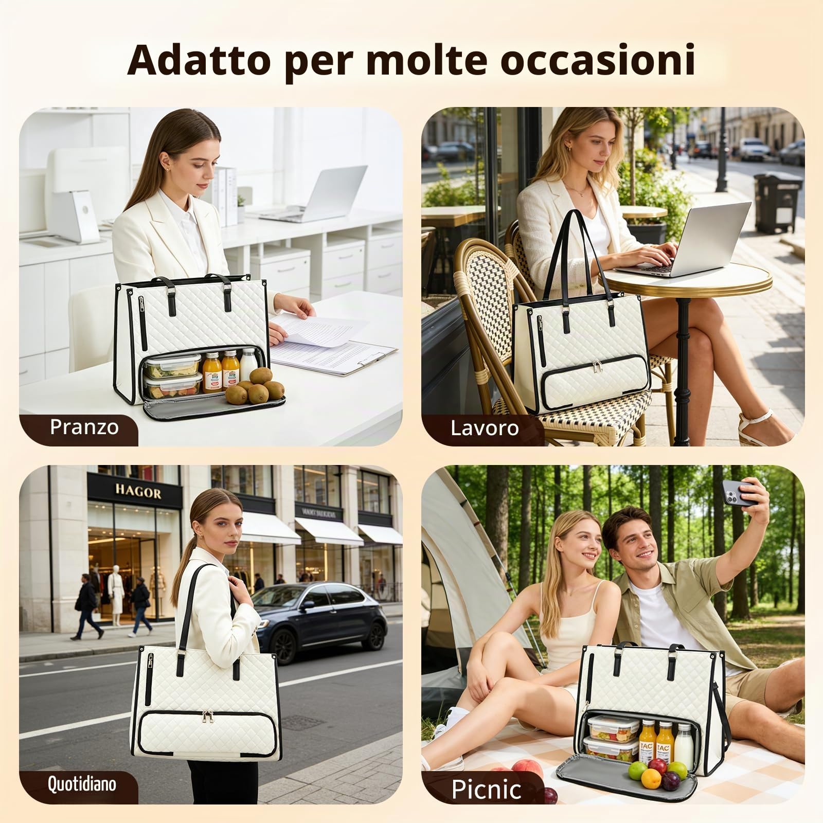 Borsa porta pranzo 2 in 1 da donna, borsa termica per laptop da 15,6 pollici (40 cm) con scomparto per alimenti, borsa da ufficio impermeabile con protezione antifurto, lavoro, università, viaggi