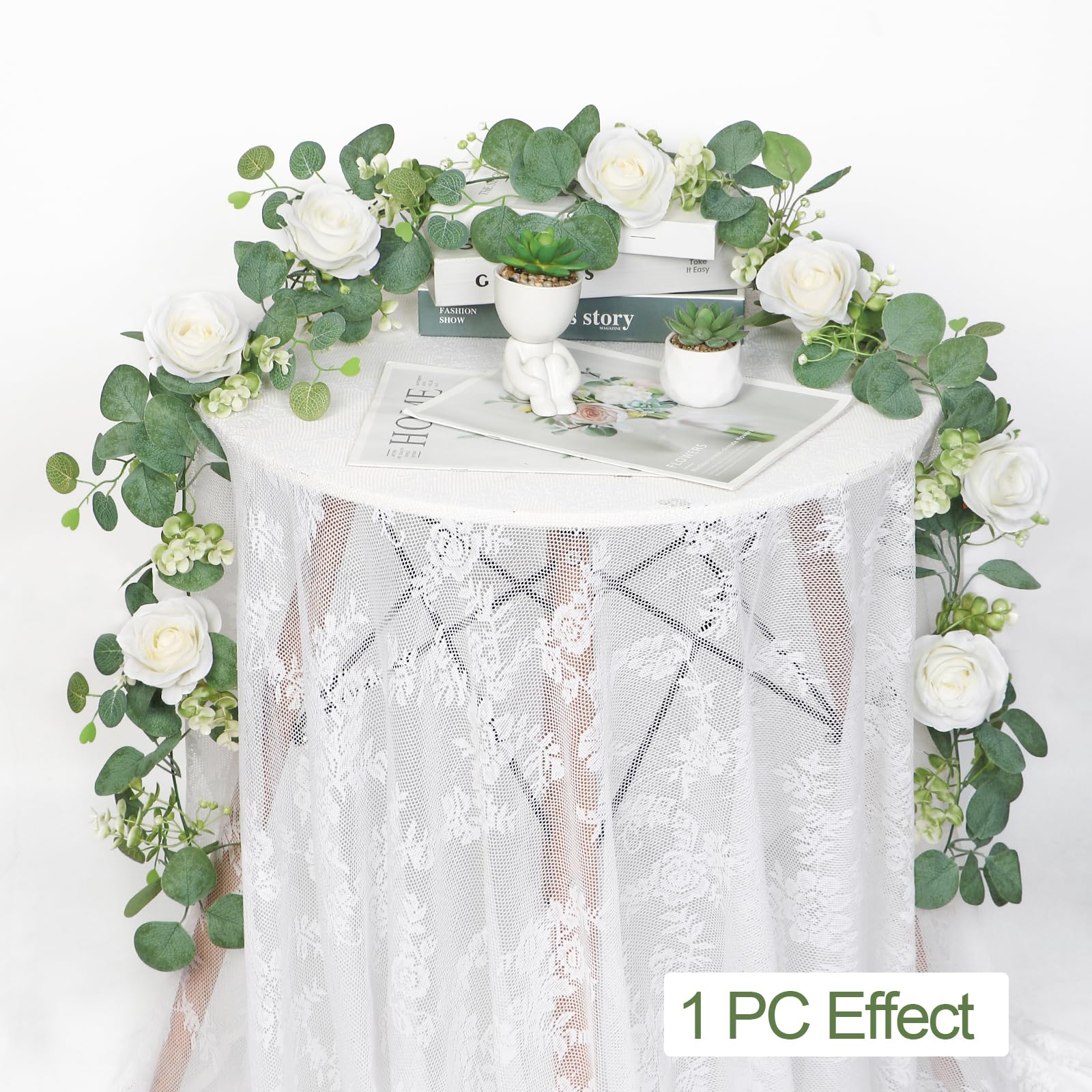 TOCHGREEN Künstliche Eukalyptus und weiße Rosen, Blumengirlande, künstliche Rosenrebe und Schleierkraut, für Party- und Hochzeitsdekoration, Weiß, 4 Stück