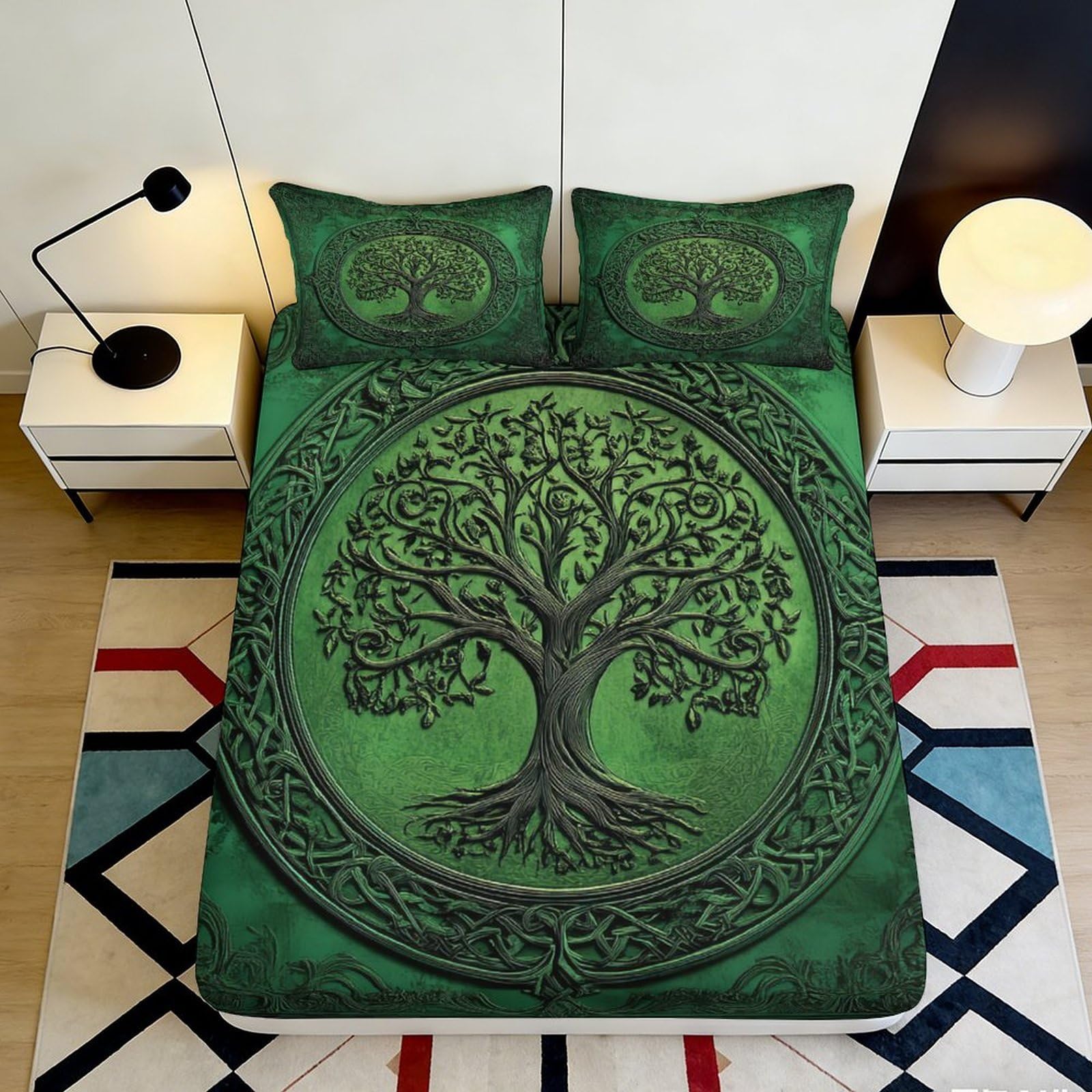 3D Printed Tree of Life Fitted Sheet Microfiber Non Slip Green Celtic Mattress Cover Bedroom Decor 160x200x25cm