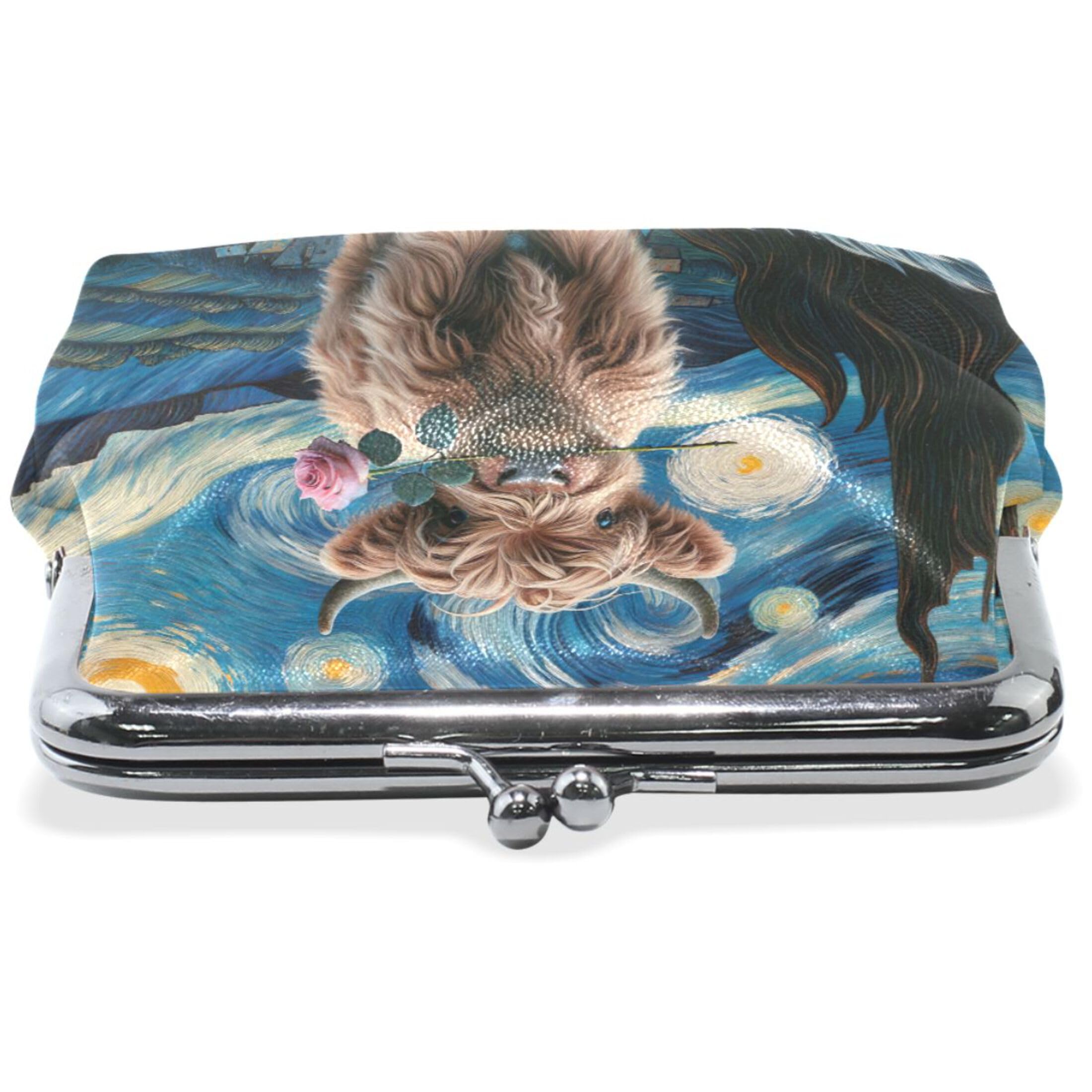 Highland Cow Starry Night Coin Purse for Women Leather Cute Buckle Kiss Lock Money Change Pouch Girls