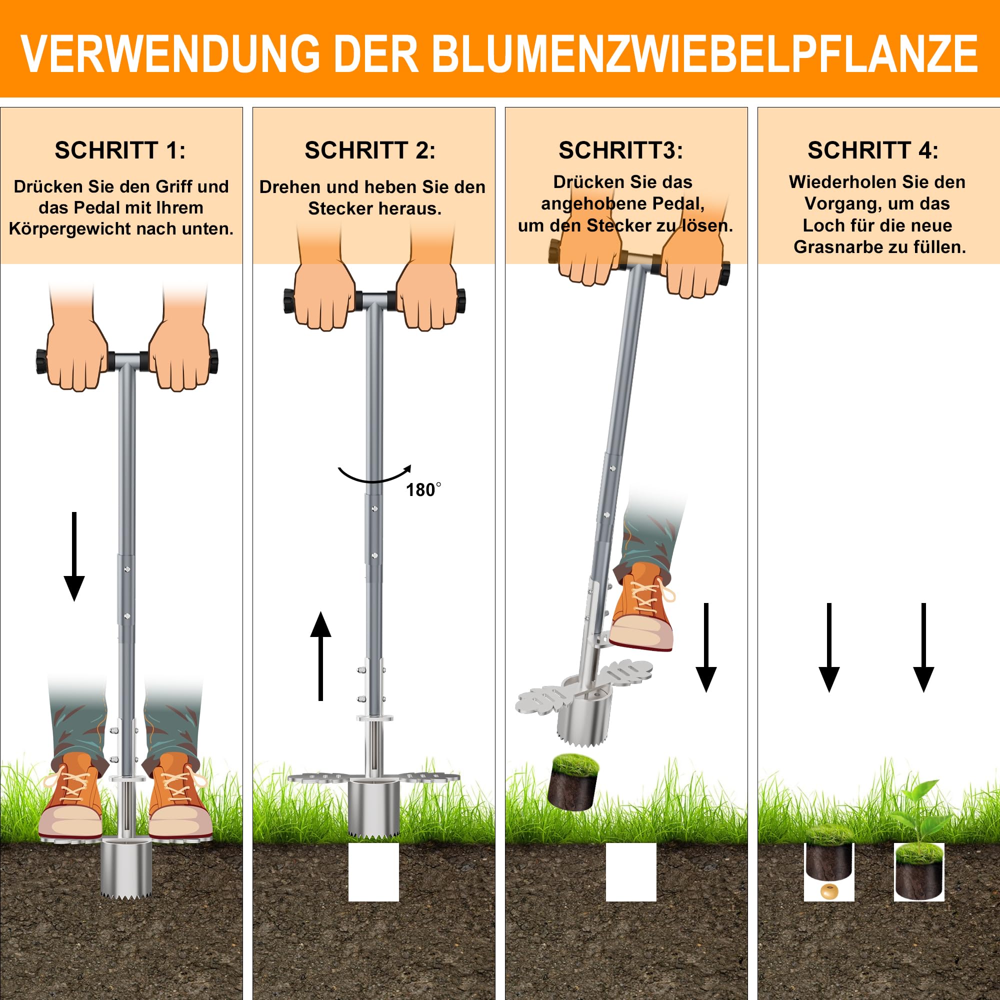 Zwiebelpflanzer, Robustes Blumenzwiebel-Pflanzwerkzeug mit scharfen Sägezähnen, Rutschfestes Fußpedal, Langstieliger Blumenzwiebelpflanzer, Gartengeräte für Zoysia, Bermuda und weitere Pflanzen