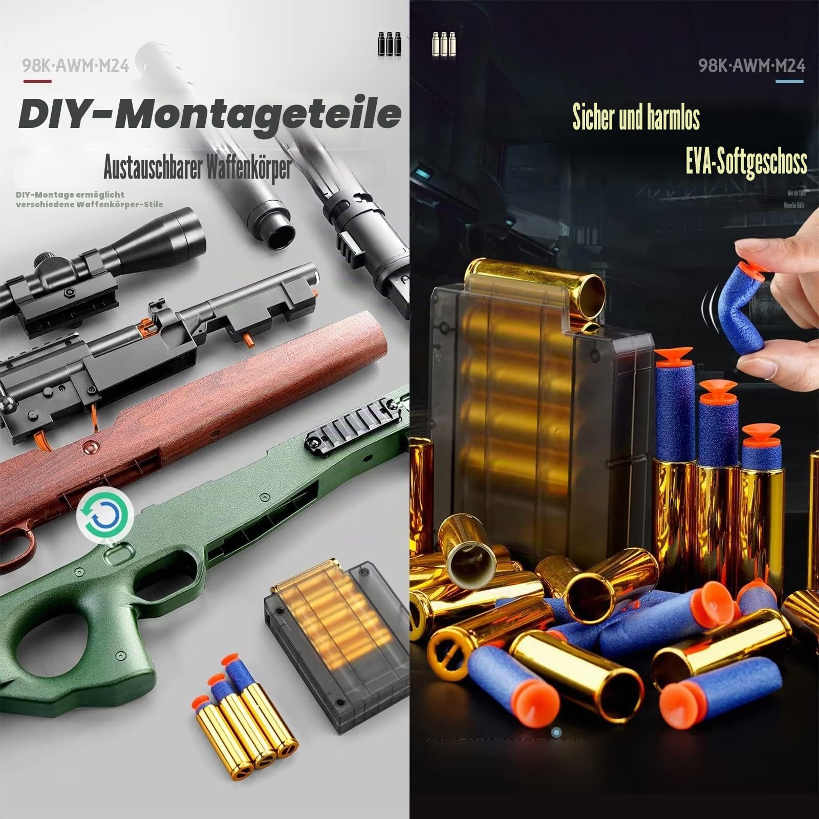 Schaumstoff-Blaster Gewehr, Scharfschützengewehr mit 20 Weichen Bällen, Soft Bullet Sniper Toy Gun mit Brille für Kinder, Unisex, Spielzeugpistole für Jungen, Kinder und Erwachsene – 98 K