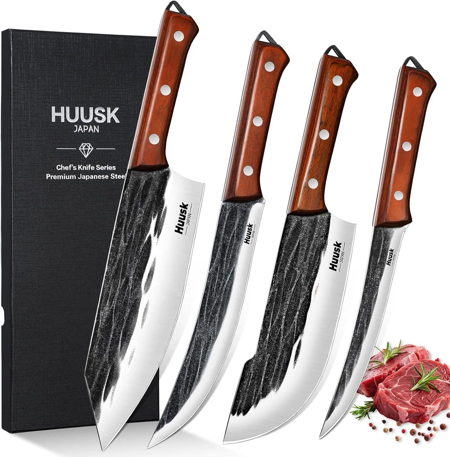 Huusk Butcher Knife Set 4 PCS Hand Forged BBQ Knife Set for Meat Cutting Sharp Meat Carving Breaking