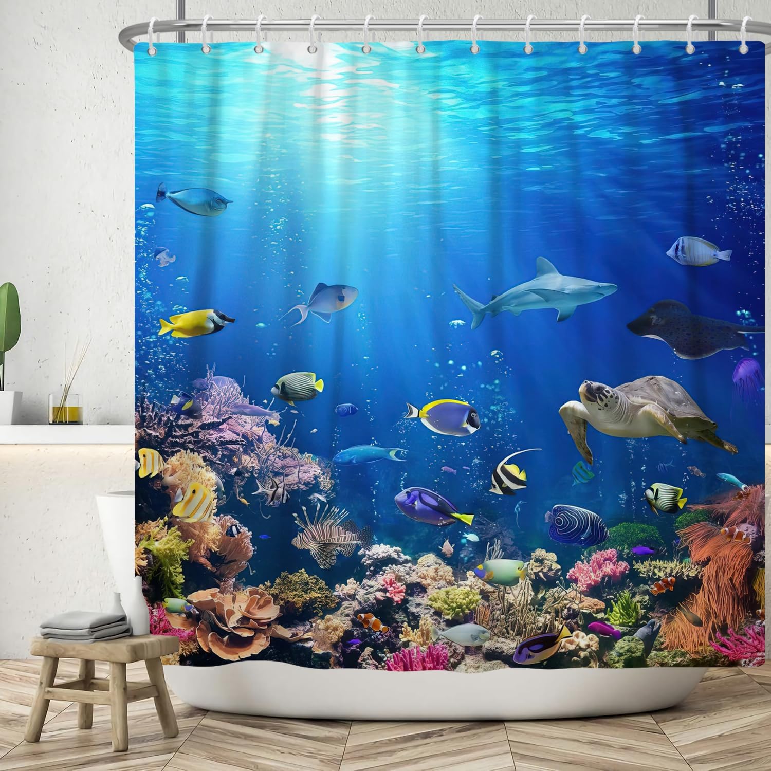 Fish Shower Curtain Blue Ocean Shower Curtain for Bathroom 72x84 in with 12 Hooks Colorful Under The Sea Underwater World Tropical Deep Sea Turtle Coral Shower Curtain Sets Machine Washable