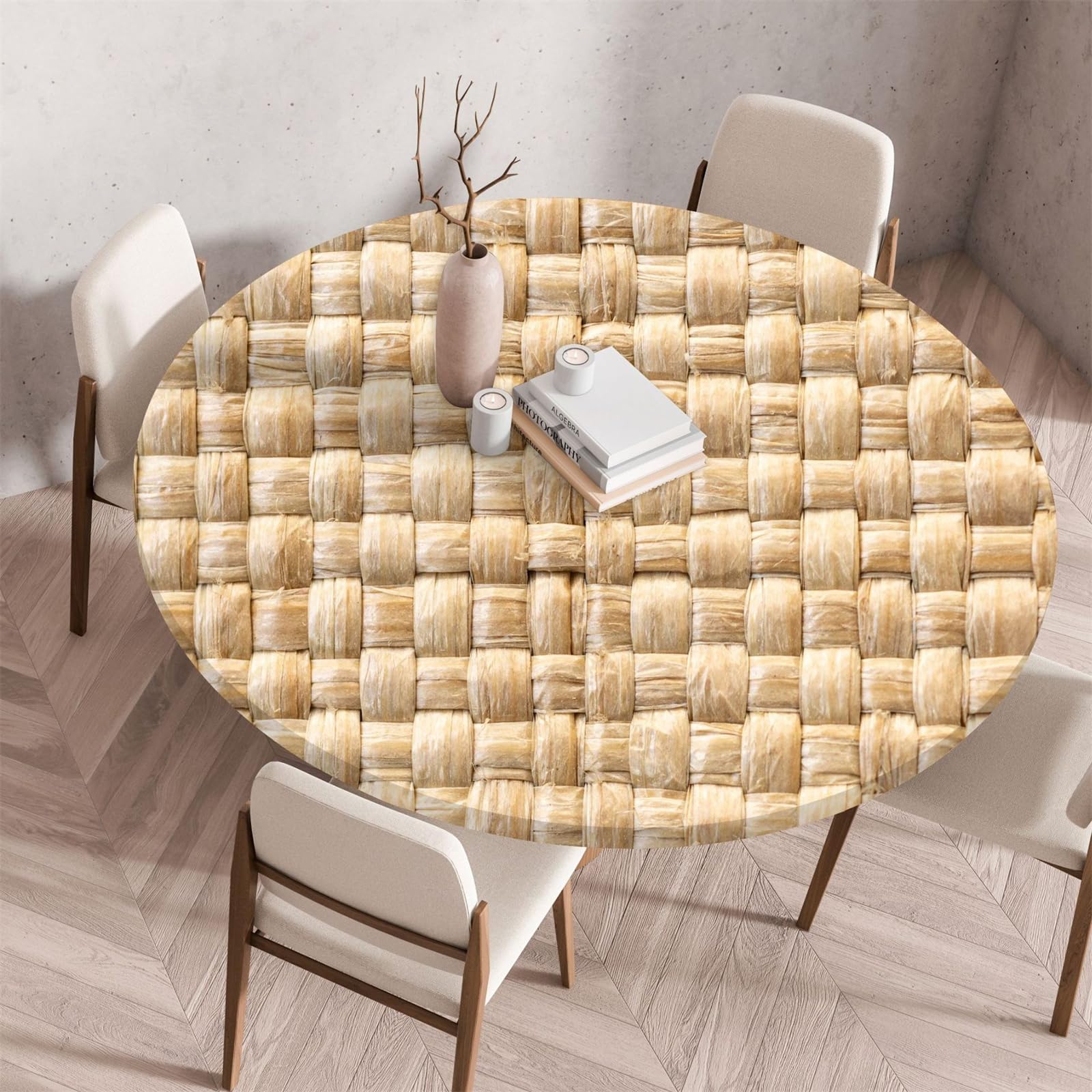 Muiuou Round Tablecloth, Wood Texture Printing Reusable Waterproof Oil-Proof Elastic Round Table Cover Cloth, Fitted Kitchen Restaurant Picnic Home Decoration