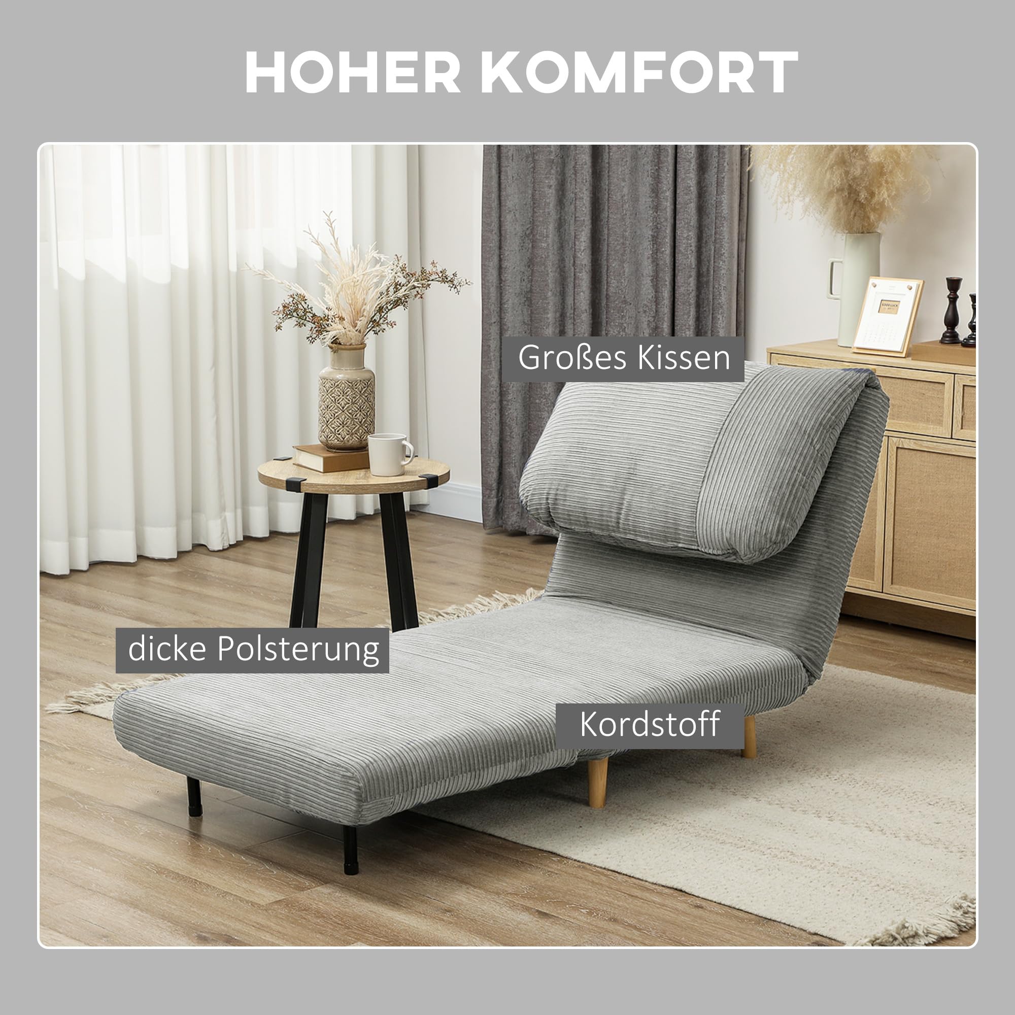 HOMCOM 2 in 1 Schlafsessel Klappbar Gästebett 82 x 87 x 89 cm Grau | Schlafsofa mit Bettfunktion, Verstellbarer Rückenlehne, Relaxsessel in Cordoptik, Klappsessel, bis 200kg