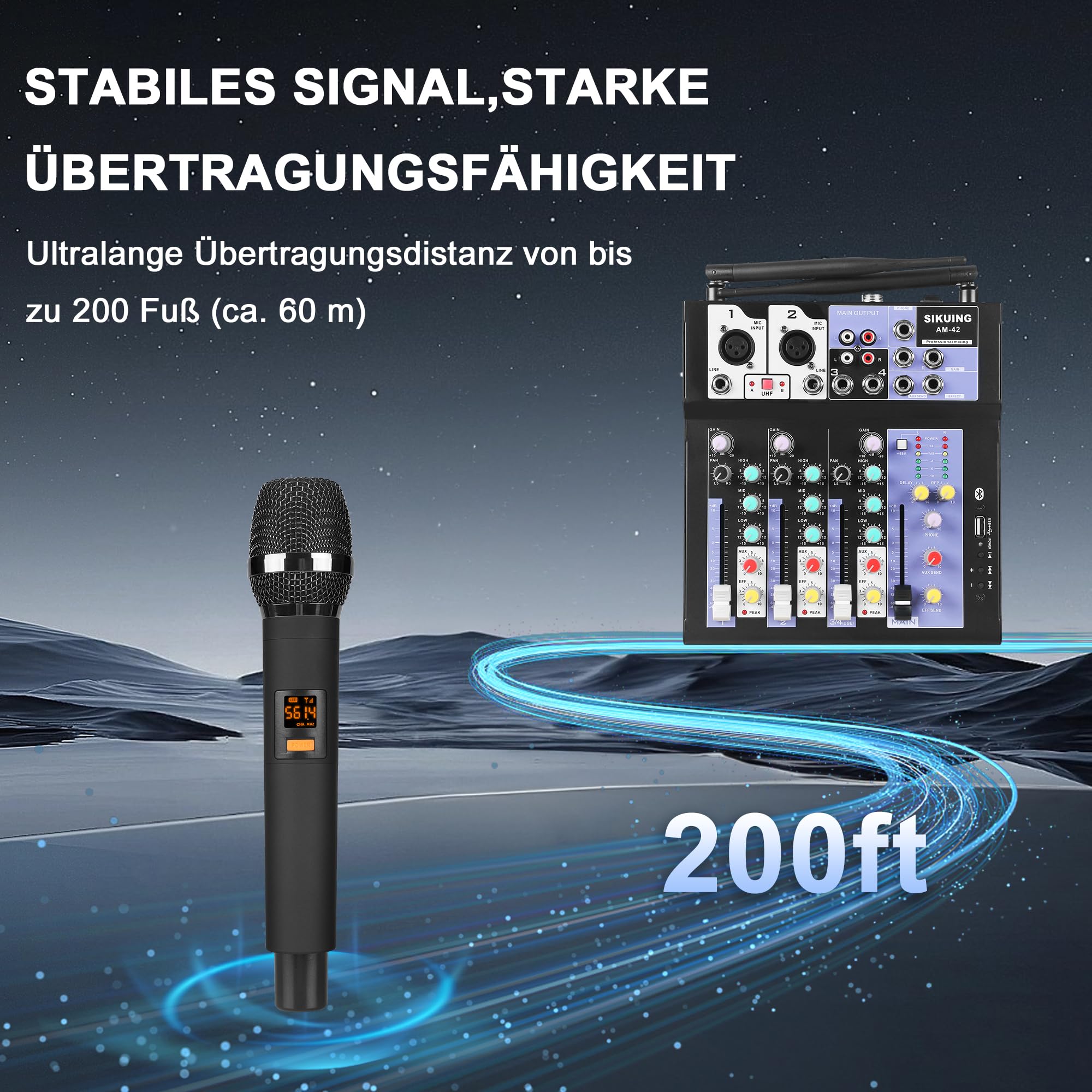 Audio-Mixer mit 2 drahtlosen Mikrofonen,4-Kanal professionelles DJ-Mischpult Soundboard mit Bluetooth/USB,48V Phantomspeisung,kompatibel mit Computer,Karaoke,Party,Meeting,Studio Aufnahme
