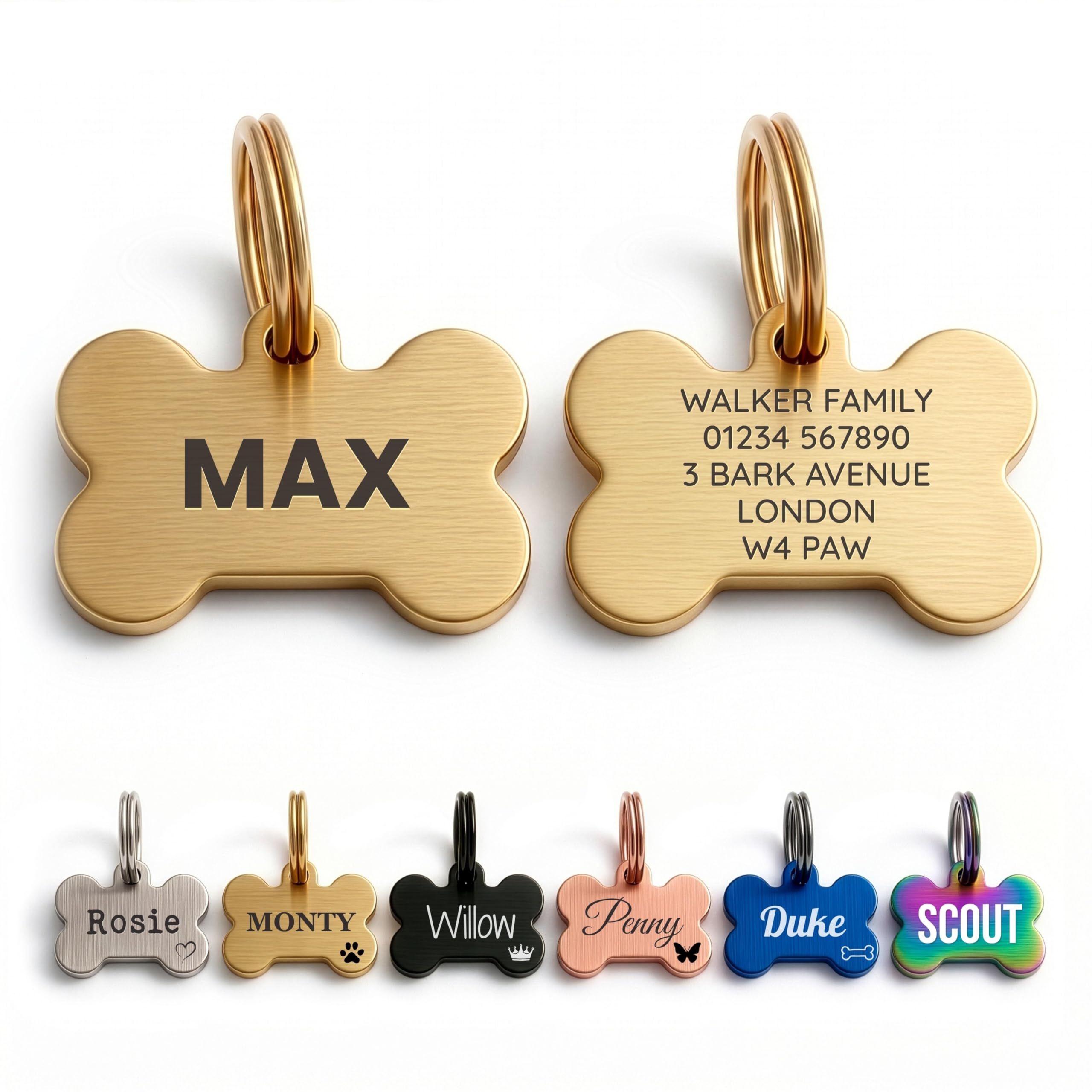 The Stately Hound Dog Tags for Pets Engraved UK, Gold Bone, Large