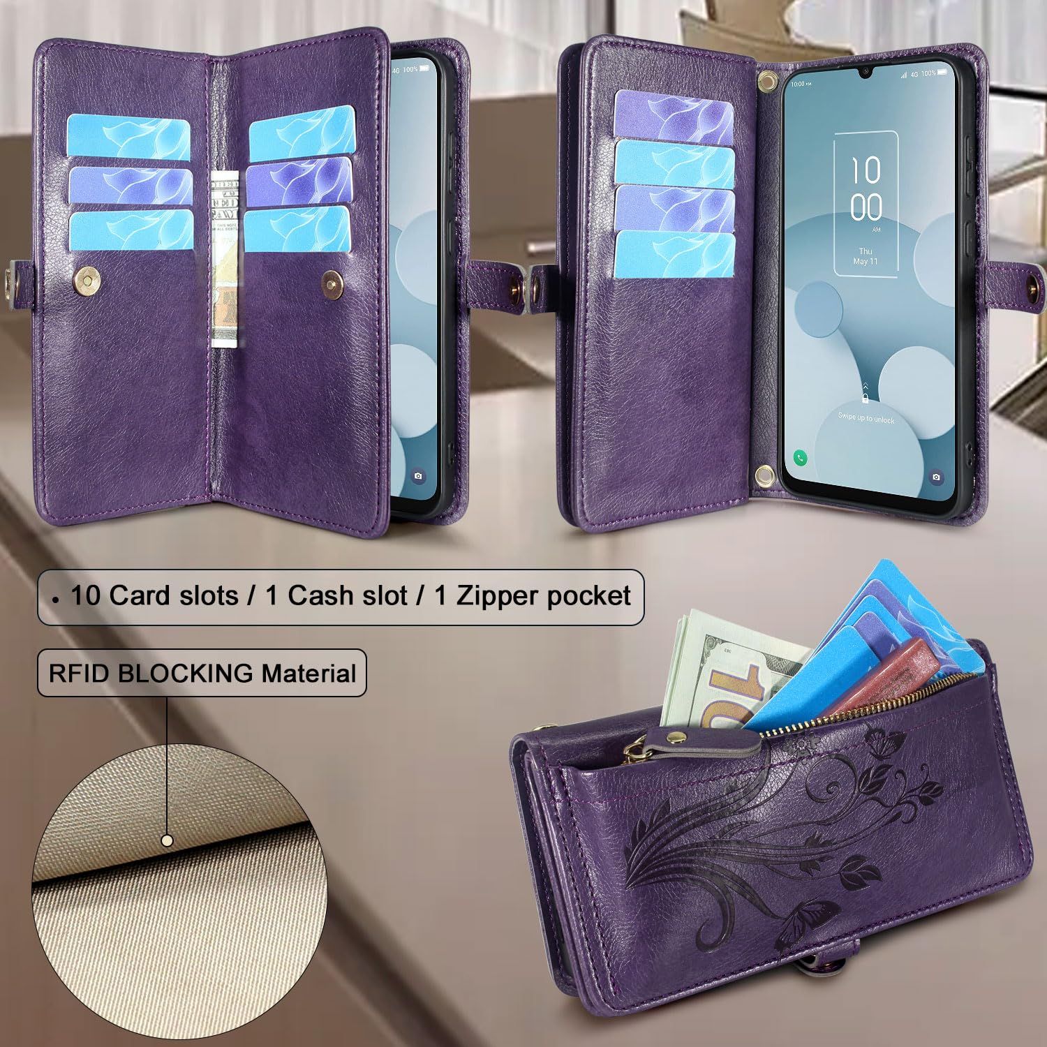 Lacass for Jitterbug Smart4 Smart 4 for Seniors (aka Lively Smart) Case Wallet,[Cards Theft Scan Protection] Card Holder Zipper Leather Flip Cover Crossbody Wrist Strap Phone case(Floral Dark Purple)