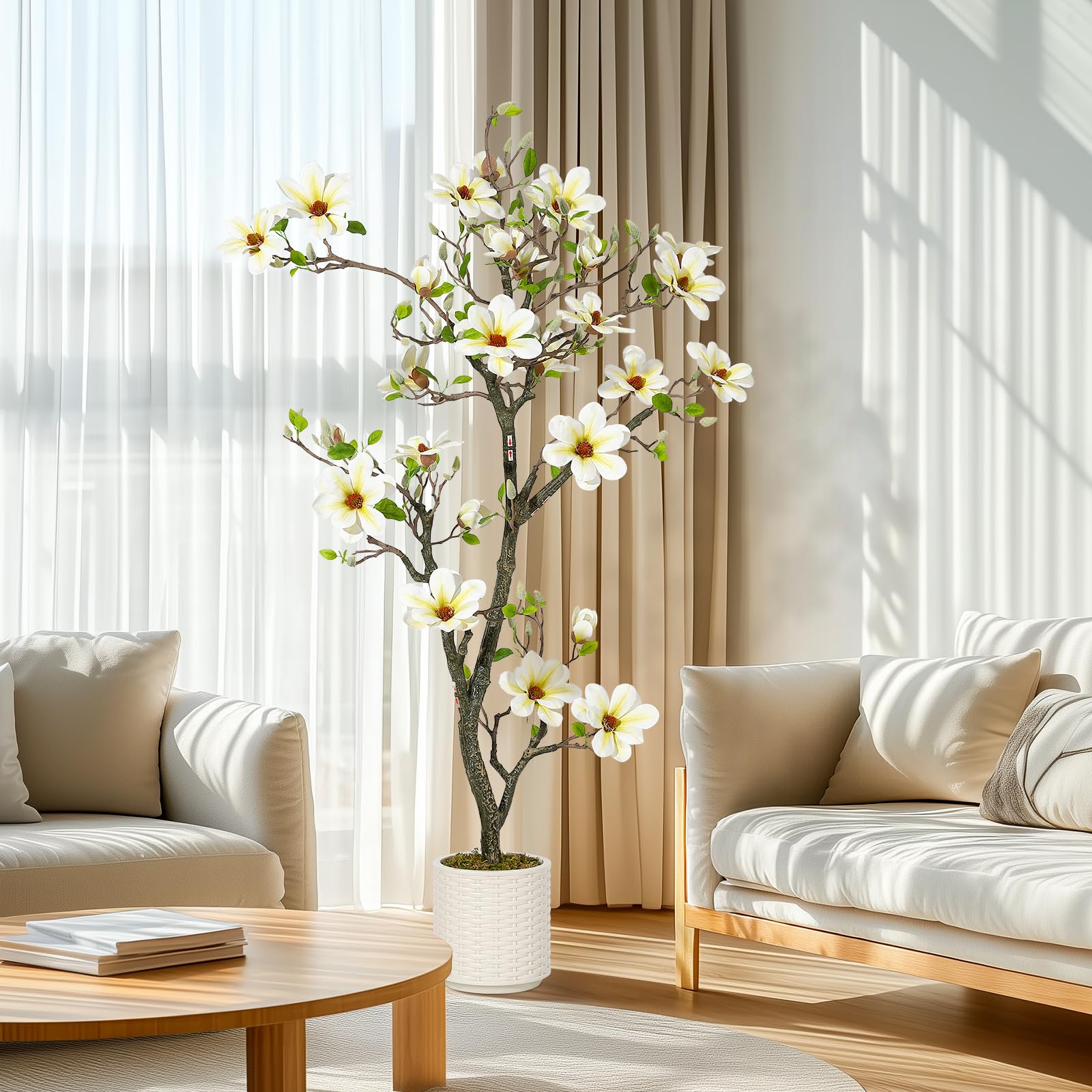 Garvee Árbol Artificial de Magnolia 150cm, con Maceta Blanca, Plantas Artificiales Decorativas para Interior, Salón, Patio, Hogar, Oficina, Porche o Vestíbulo de Hotel, 150cm