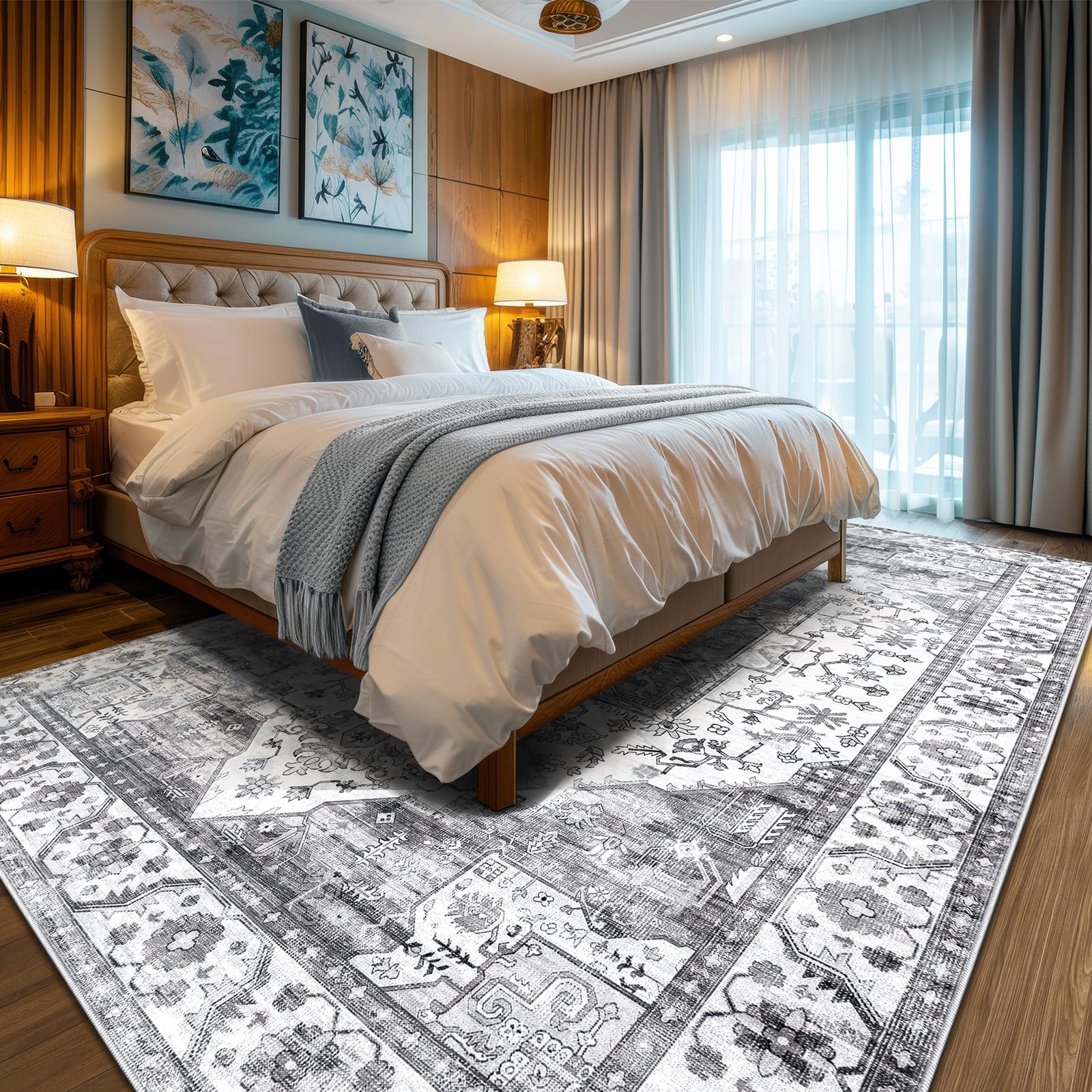 XSIVOD Grey Area Rugs for Living Room, Washable Large Rugs for Bedroom, Non Slip Vintage Rugs for Dining Room Office, Soft Low Pile Floral Rug Accent Floor Carpet for Home Decor, 240 x 300 cm