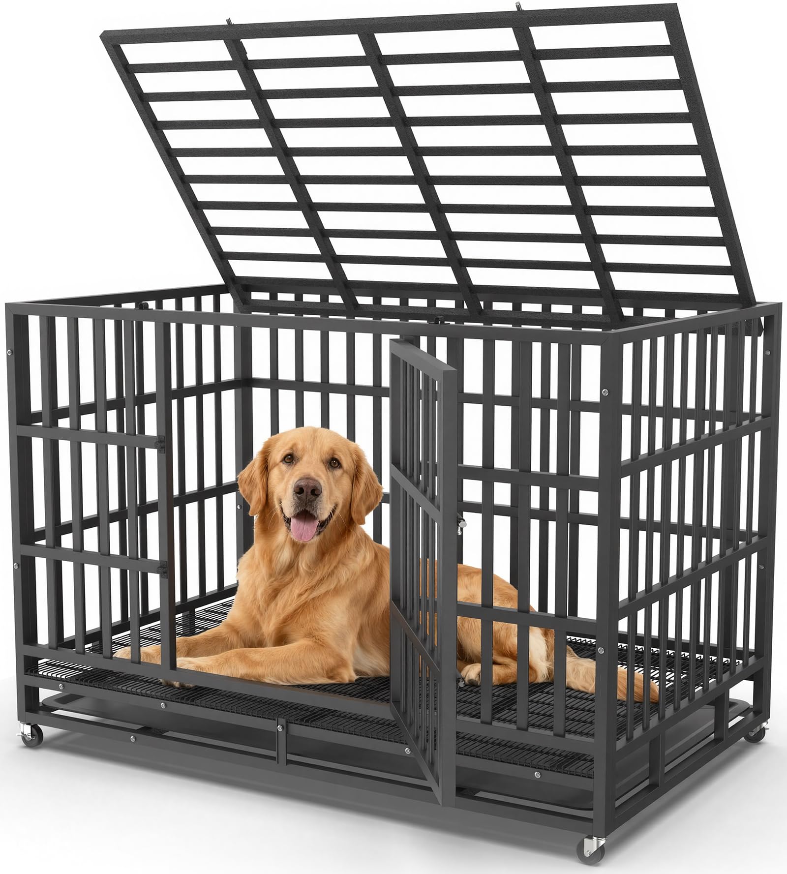 IronovaPets 48 Inch Heavy Duty Dog Crate, Indestructible Escape-Proof Dog Kennel for High Anxiety Large Dogs, Strong Carbon Steel Metal Cage with