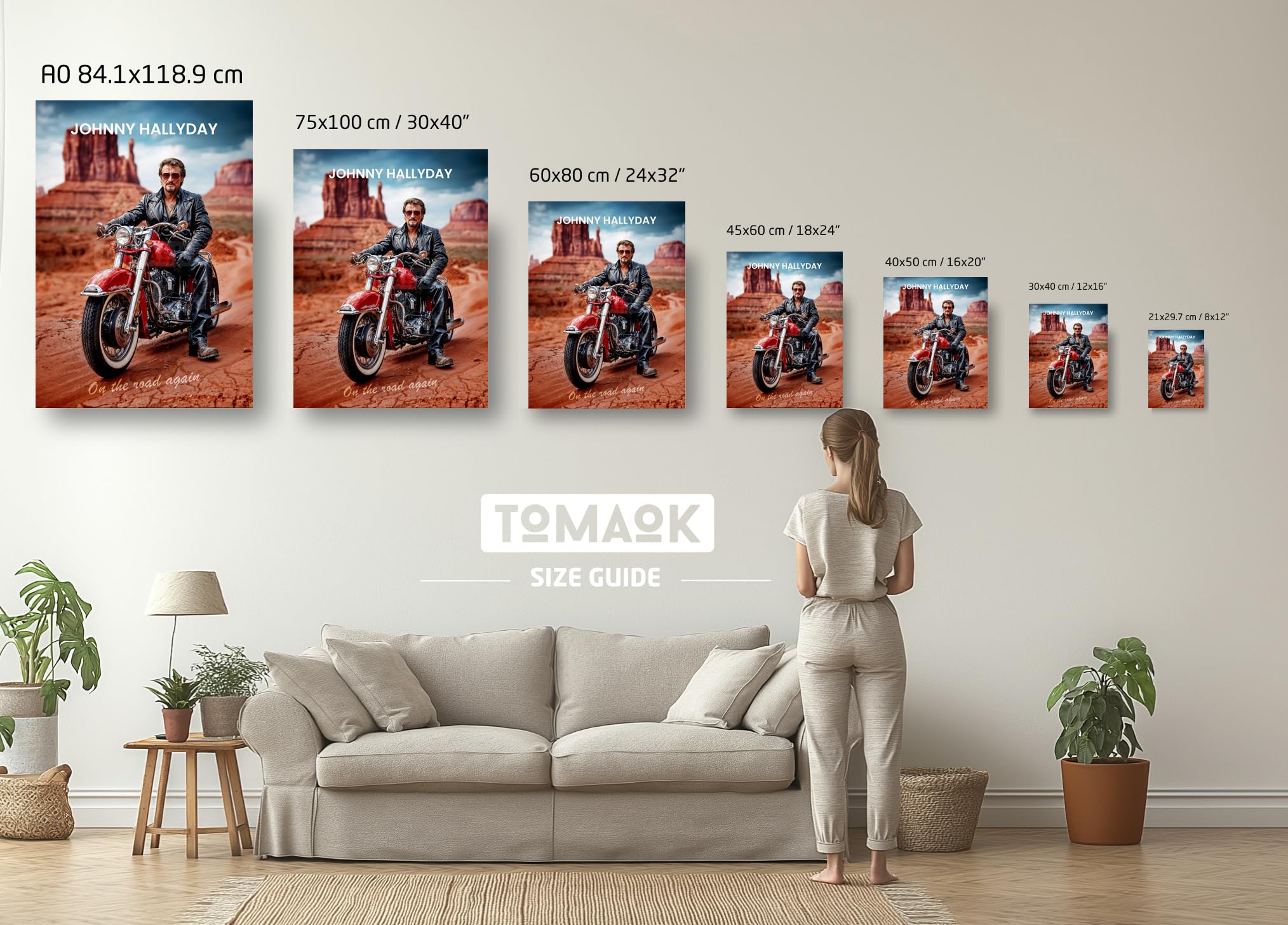 Johnny Hallyday On The Road Again (cornice non fornita) - Quadro digitale Star cantante Rock - Poster Moto Route 66 (60 x 80 cm / 24 x 32 in)