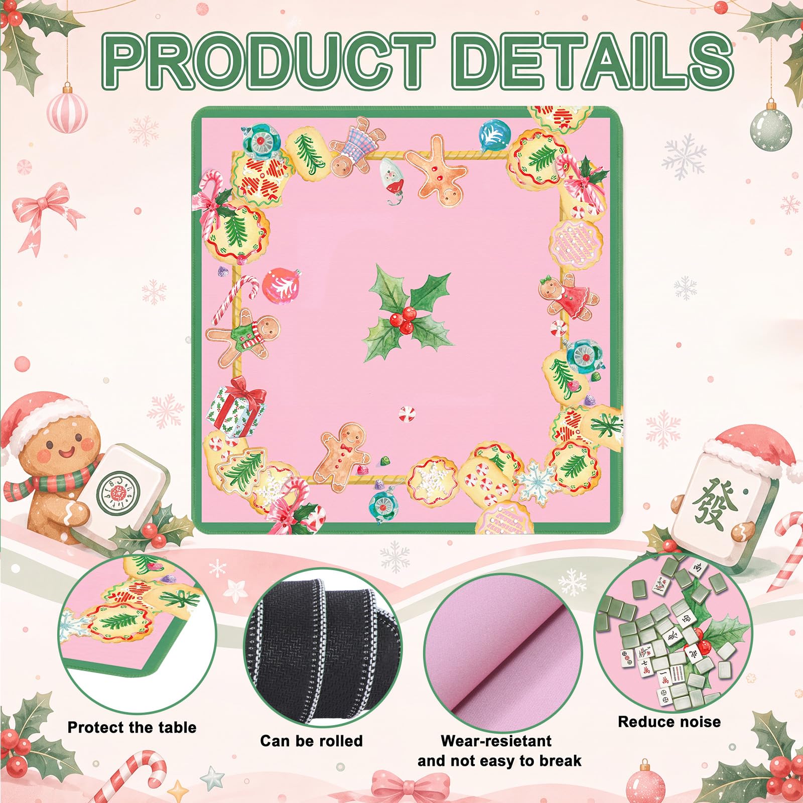 Seenelling Mahjong Mat Tapis de table antidérapant Noël Cookies