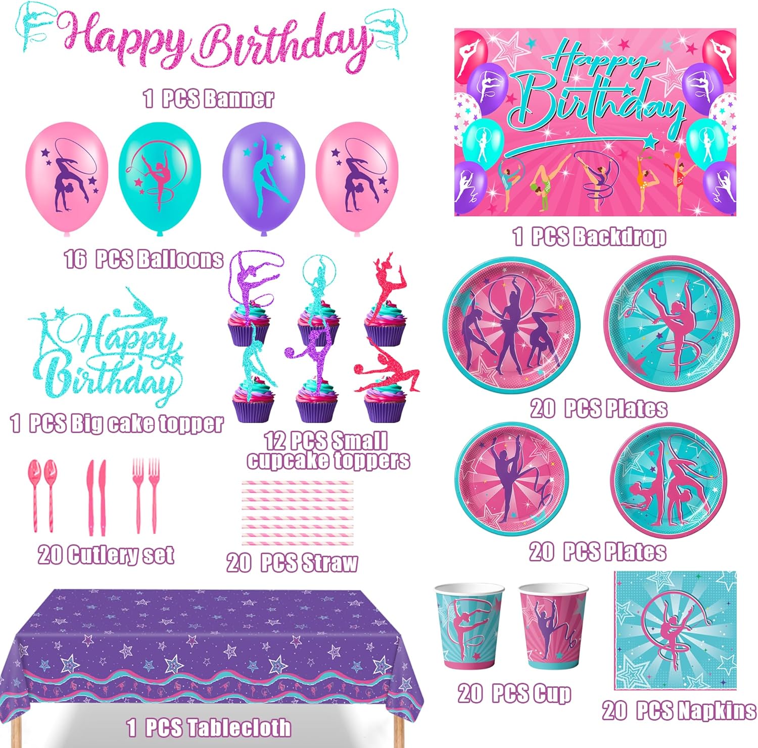 192 PCS Gymnastics Birthday Party Decorations Serves 20 Guests Gymnastics Party Supplies with Bannner Cake Topper Balloon Plates and Napkins Cups Tablecloth For Gymnastics Party Decorations