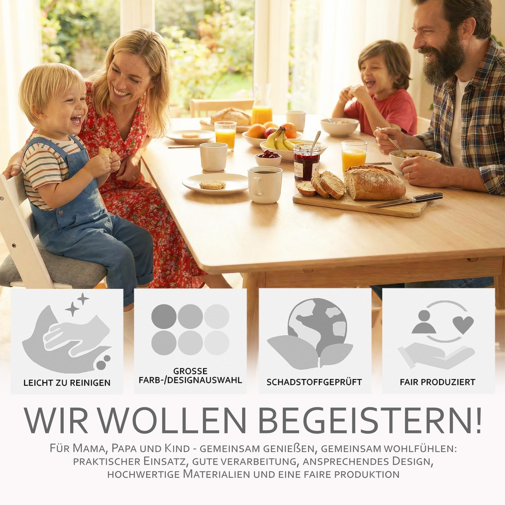 BambiniWelt Ersatzbezug Tripp Trapp – Sitzkissen komp. mit Stokke Hochstuhl, 1-teilig, gepolstert & waschbar, Auflage mit Klettverschluss für Kinderstuhl Mod. 3 (1-teilig meliert dunkelgrau)