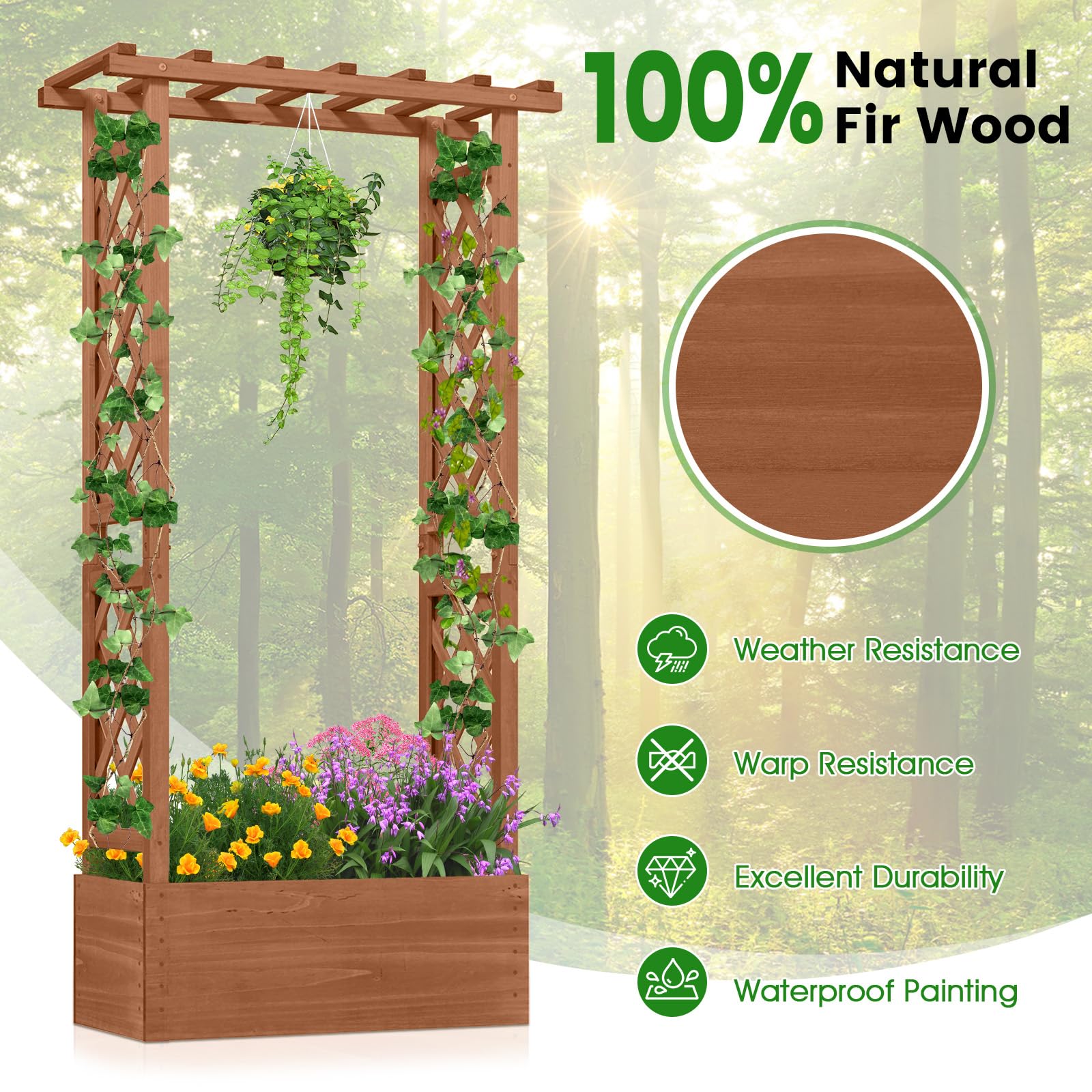 FANTASK Blumenkasten mit Rankhilfe, 66 x 32 x 152 cm, Hochbeet mit Rankgitter & hängendem Dach, Pflanzkasten für Kletterpflanzen & hängende Körbe, Pflanzkübel Holz für Garten Hof Terrasse (Braun)