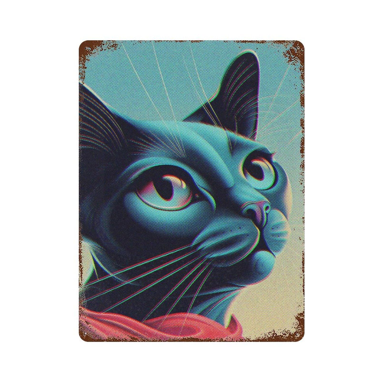 Blue Cat Fantasy Vintage Rust Metal Sign 15.7"x11.8", Farmhouse Wall Decor for Garage, Pub Or Kitchen