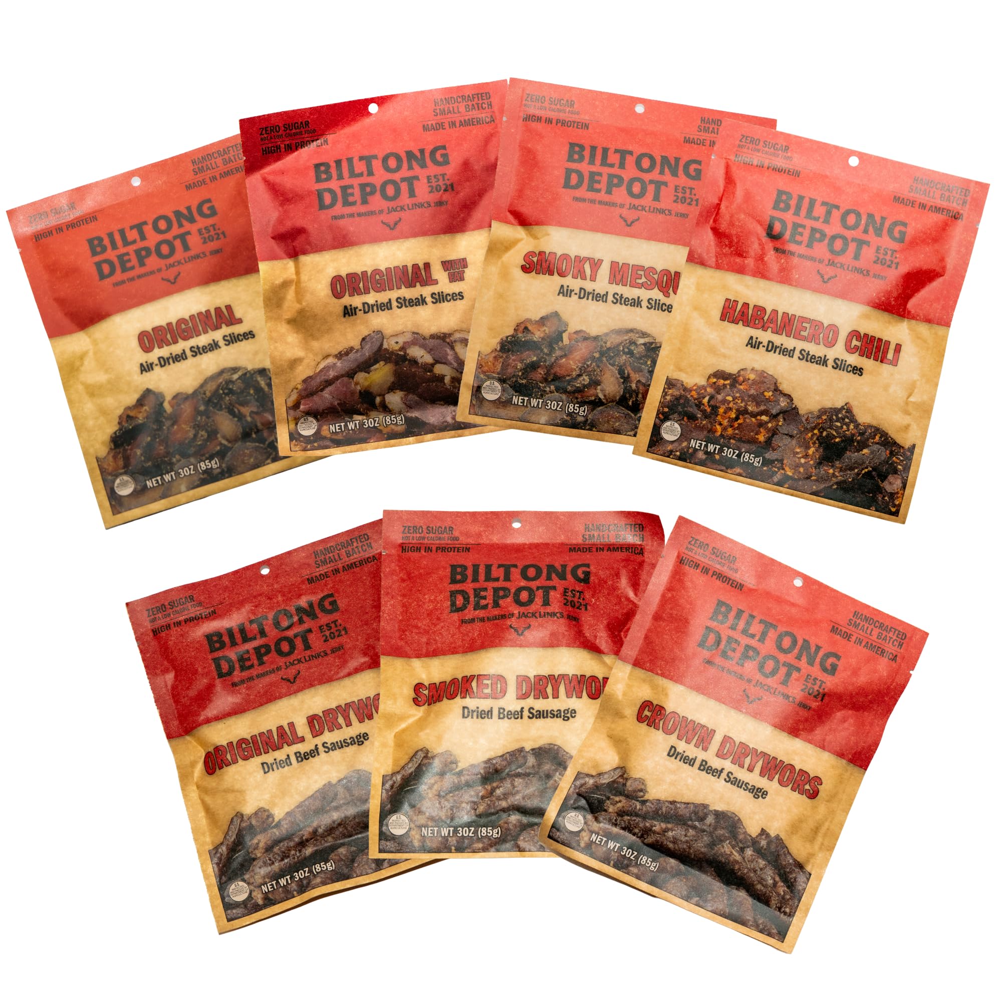 Biltong Depot Ultimate Carnivore Variety Pack – Biltong Slices & Drywors | 3oz Bags (7 Pack) | Air-Dried Beef Jerky | Snack Sticks | High Protein | Keto & Paleo Friendly | Zero Sugar | Gluten Free |