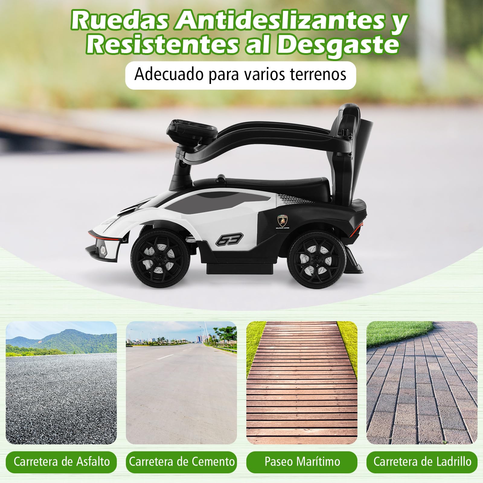 COSTWAY 3 en 1 Correpasillos para Niños Lamborghini, Coche de Empuje con Asa, Volante, Barandilla Desmontable, Caja de Almacenamiento, Función de Bocina, para Niños de 12-36 Meses (Blanco)