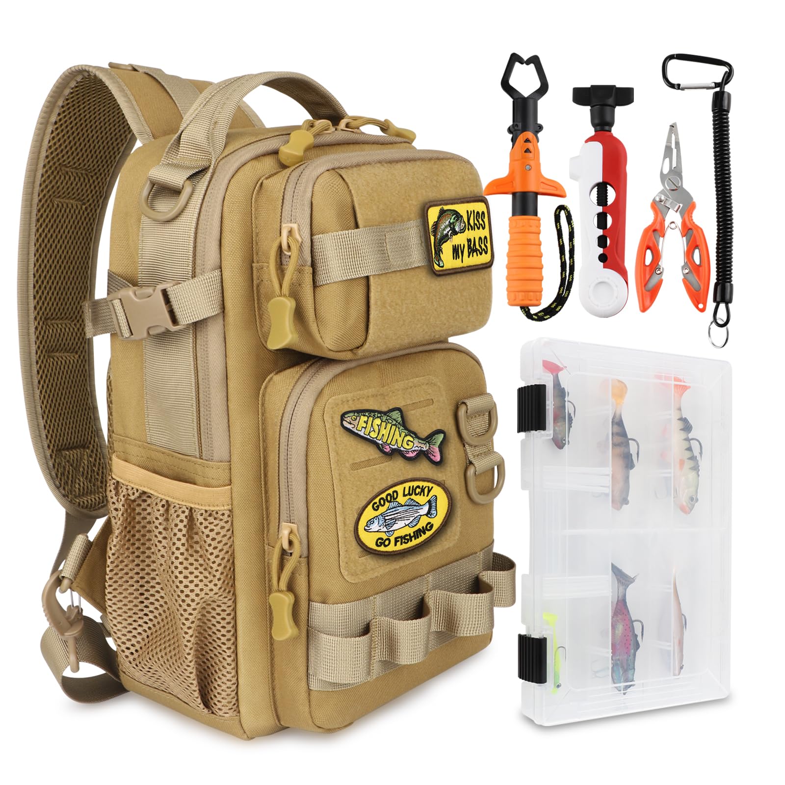Dovesun Small Fishing Backpack Fishing Sling Bag with 3600 Tackle Box Small Tackle Backpack with Tool Set Black