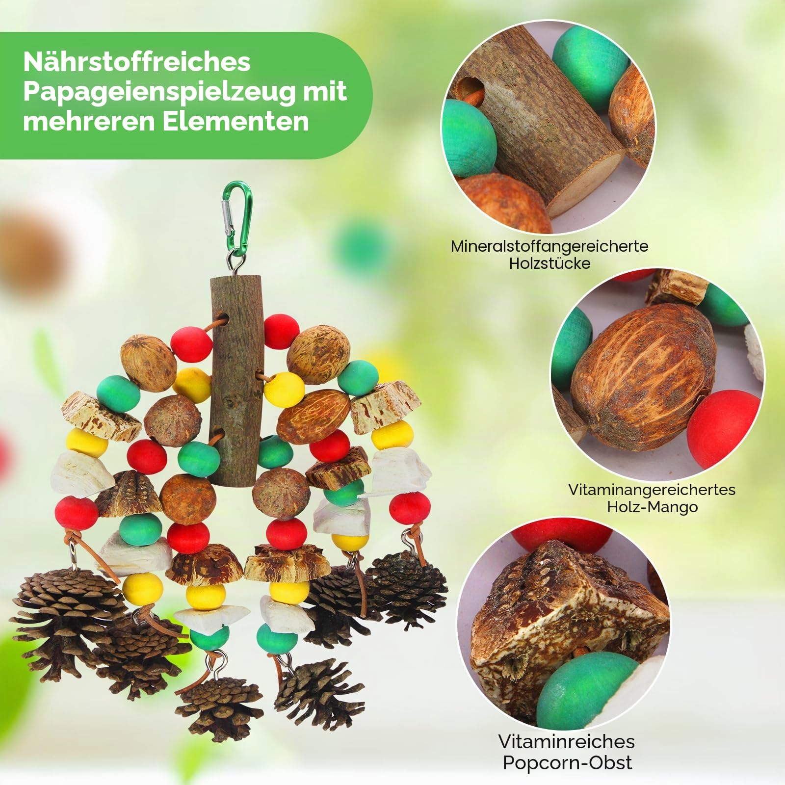 MQUPIN Papageienspielzeug, nussiges, nährstoffreiches Vogelspielzeug, natürliches hölzernes Beißspielzeug für Papageienkäfige, mit Tintenfischknochen, Kiefernzapfen, hölzernen Mangos und Karambole