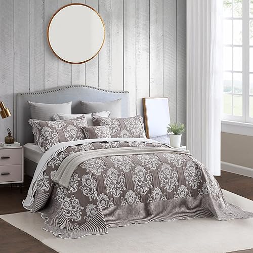 Miniatura 5 de HZ & HY Colcha extragrande tamaño King, diseño de damasco jacquard matelasse, ligera, reversible, 5 piezas, 100% microfibra, KingCal King, marrón