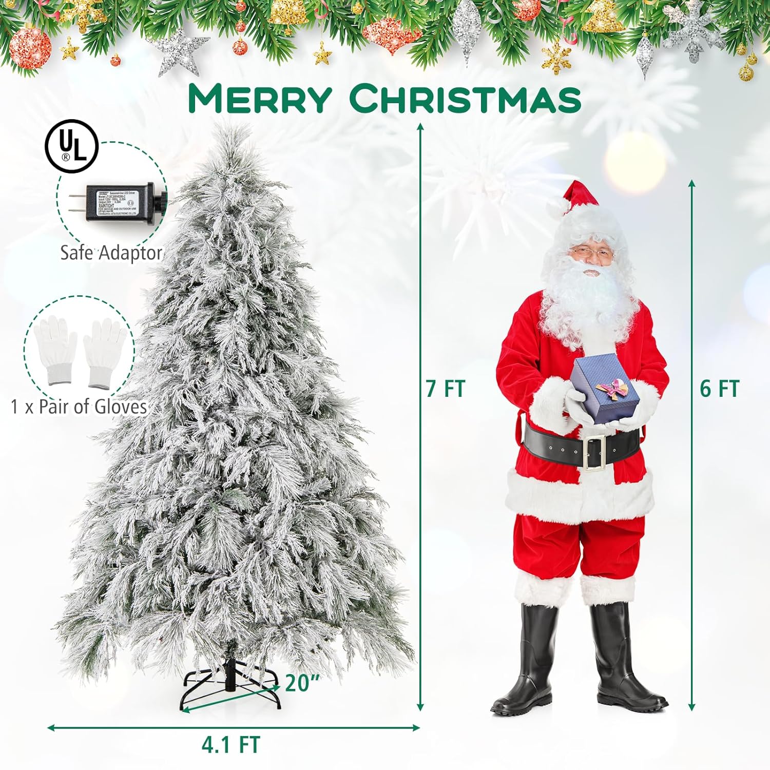 Diagram showing the 7 FT Christmas tree, folding metal stand, UL-certified adapter, and a pair of gloves, with dimensions.