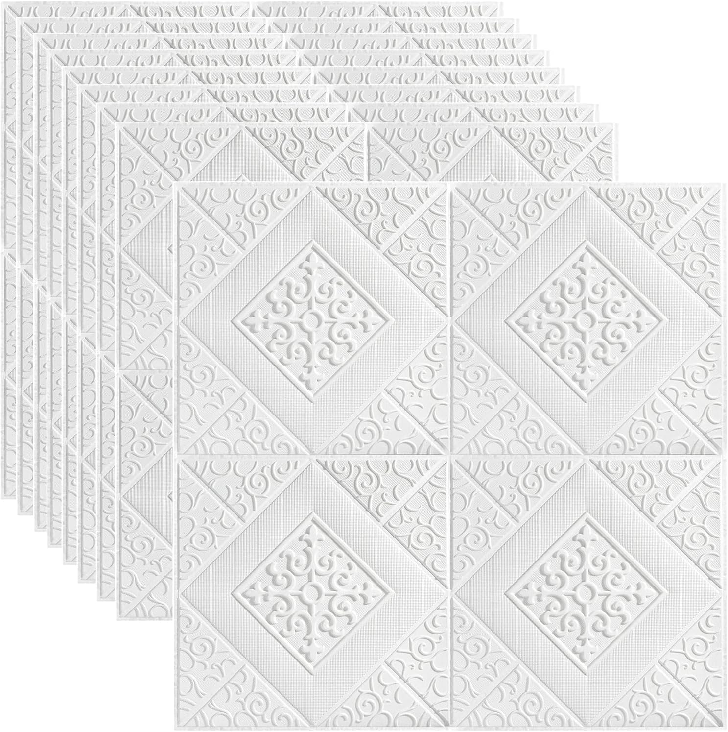 3D Wall Panels Self Adhesive Wall Panels 35 * 35cm 3D Tile Wall Sticker Waterproof, Moisture Proof, Sound Insulation Wallpaper Soft PE Foam Panels Wall Decor, 10PCS (White-2)