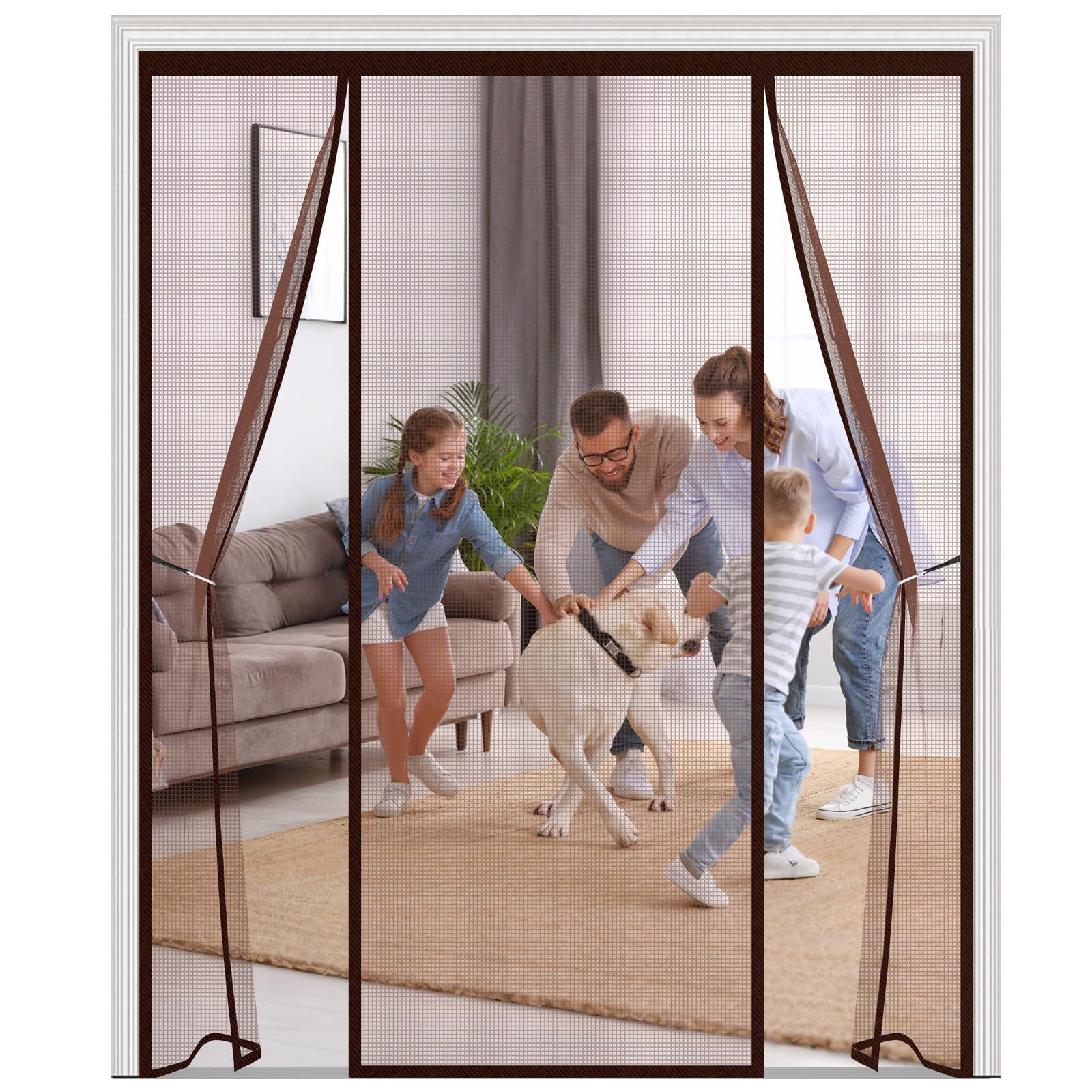 Magnetic Fly Screen for Double Doors,200x255cm Heavy Duty Polyester Mesh Door Curtain, Silent Self-Closing with Double-Sided Opening, 4cm Wide Top Tape,Pet Friendly,Brown