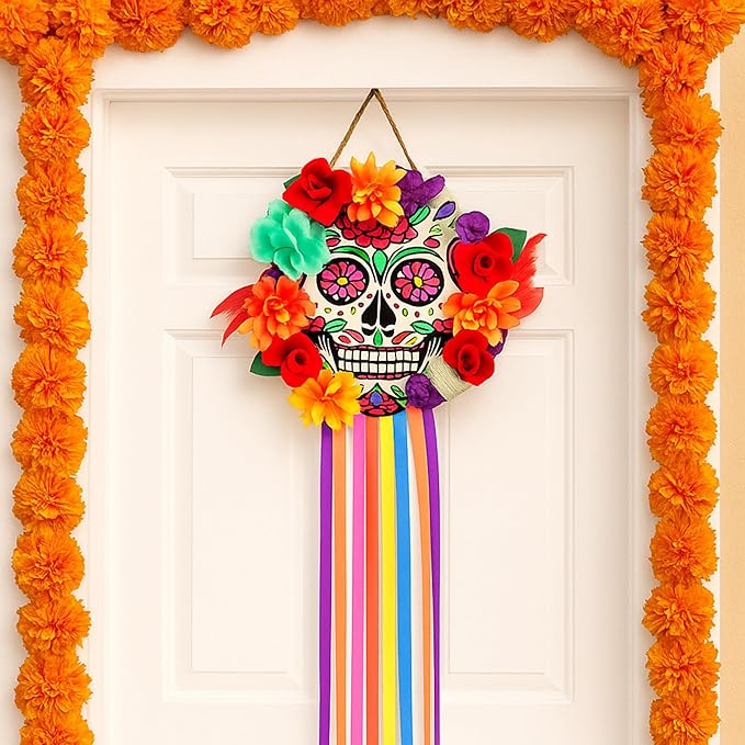 Day of The Dead Wreath for Front Door Wooden Sugar Skull Marigold Door Wreath Decor Dia De Los Muertos Welcome Sign Hanging for Halloween Mexican Home Wall Porch Window