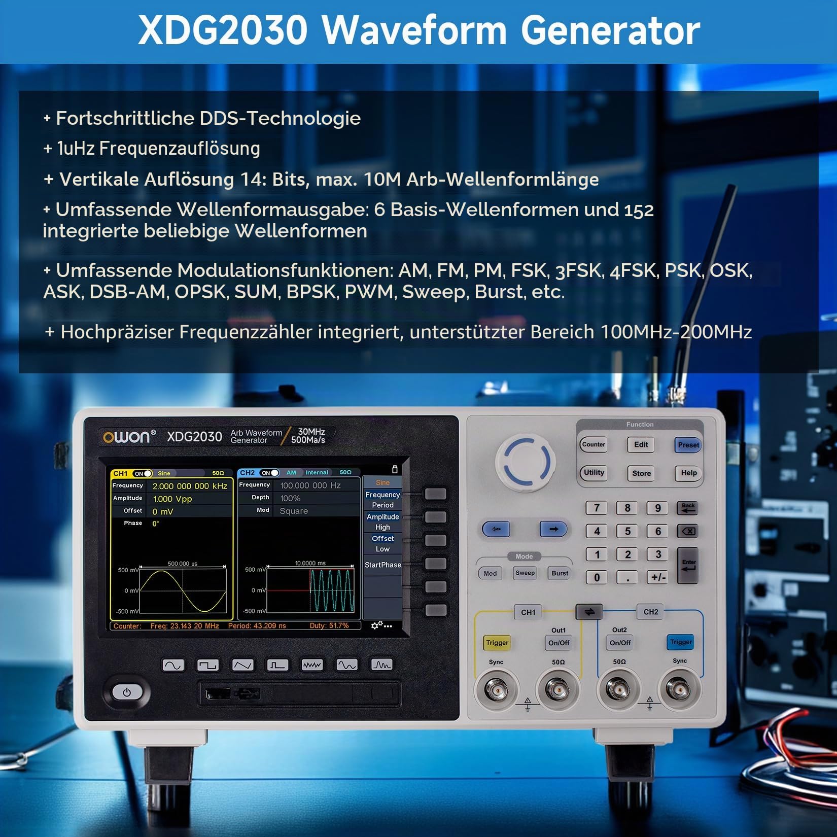 OWON Funktionsgenerator XDG2030, Signalgenerator, Funktionsgeber 2 Kanäle 30MHz, Arbitrary Waveform Generator, Signalgenerator 500MSa/s Sample Rate, Waveform Generator mit 7 Zoll TFT LCD Bildschirm