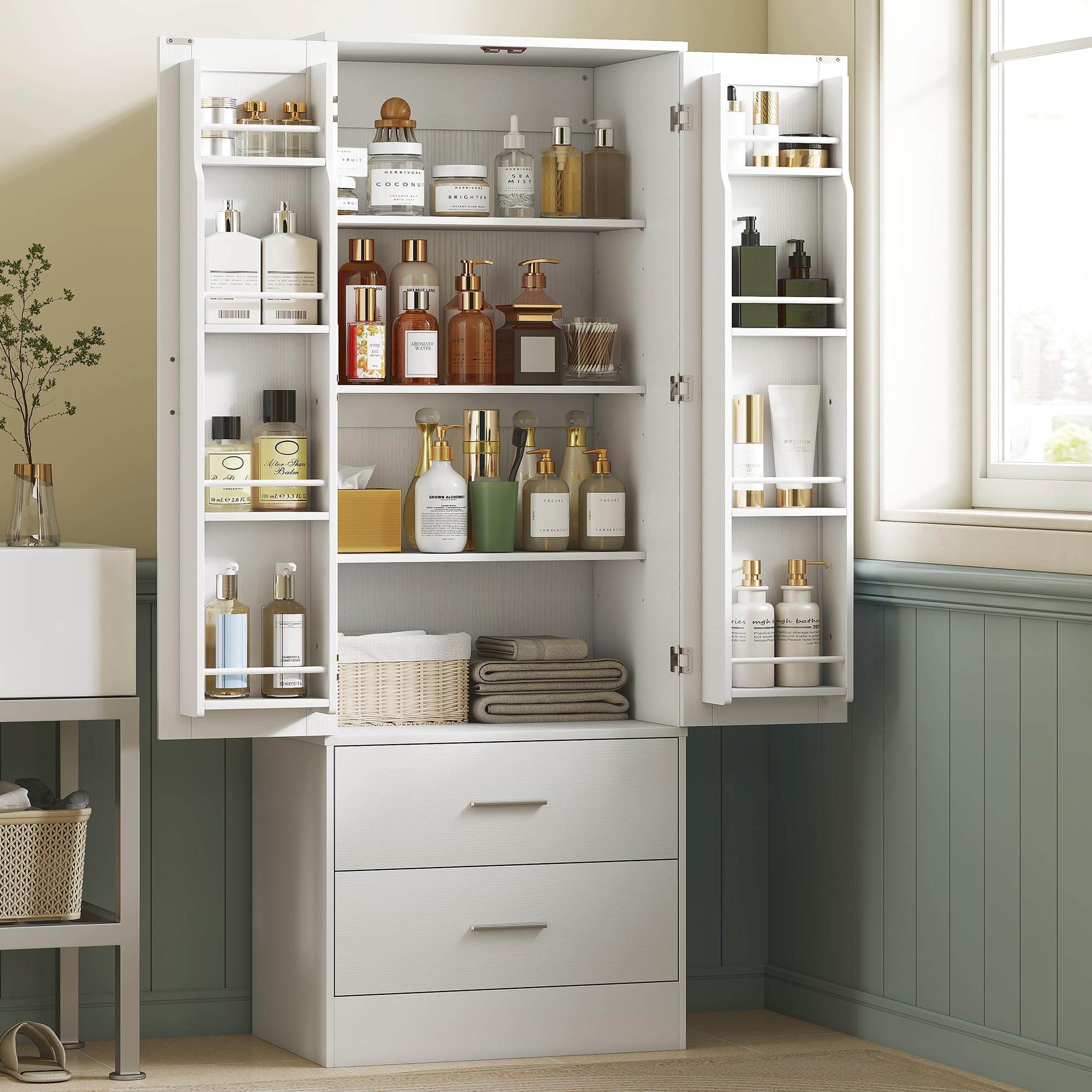 HOMCOM Küchenschrank Buffetschrank mit 2 Türen, 8 Türregalen, 2 Schubladen Hochschrank mit Verstellbaren Einlegeböden, Moderner Vorratsschrank für Wohnzimmer Weiß, 60 x 40 x 159 cm
