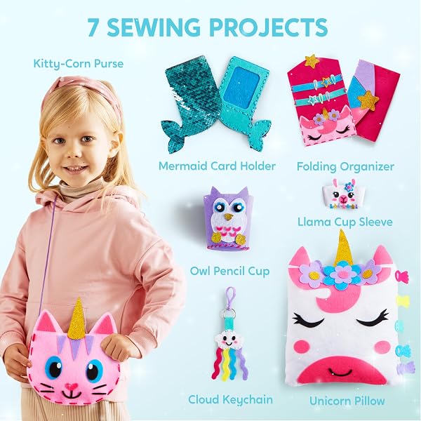 Klever Kits 7 Sewing Projects- My First Felt Sewing Kit- Easy DIY Wildlife Artworks of Unicorn Pillow and Mermaid Card Holder, Christmas Birthday Gifts for Girl, Crafts for Kids 4 5 6 7 8 - 2